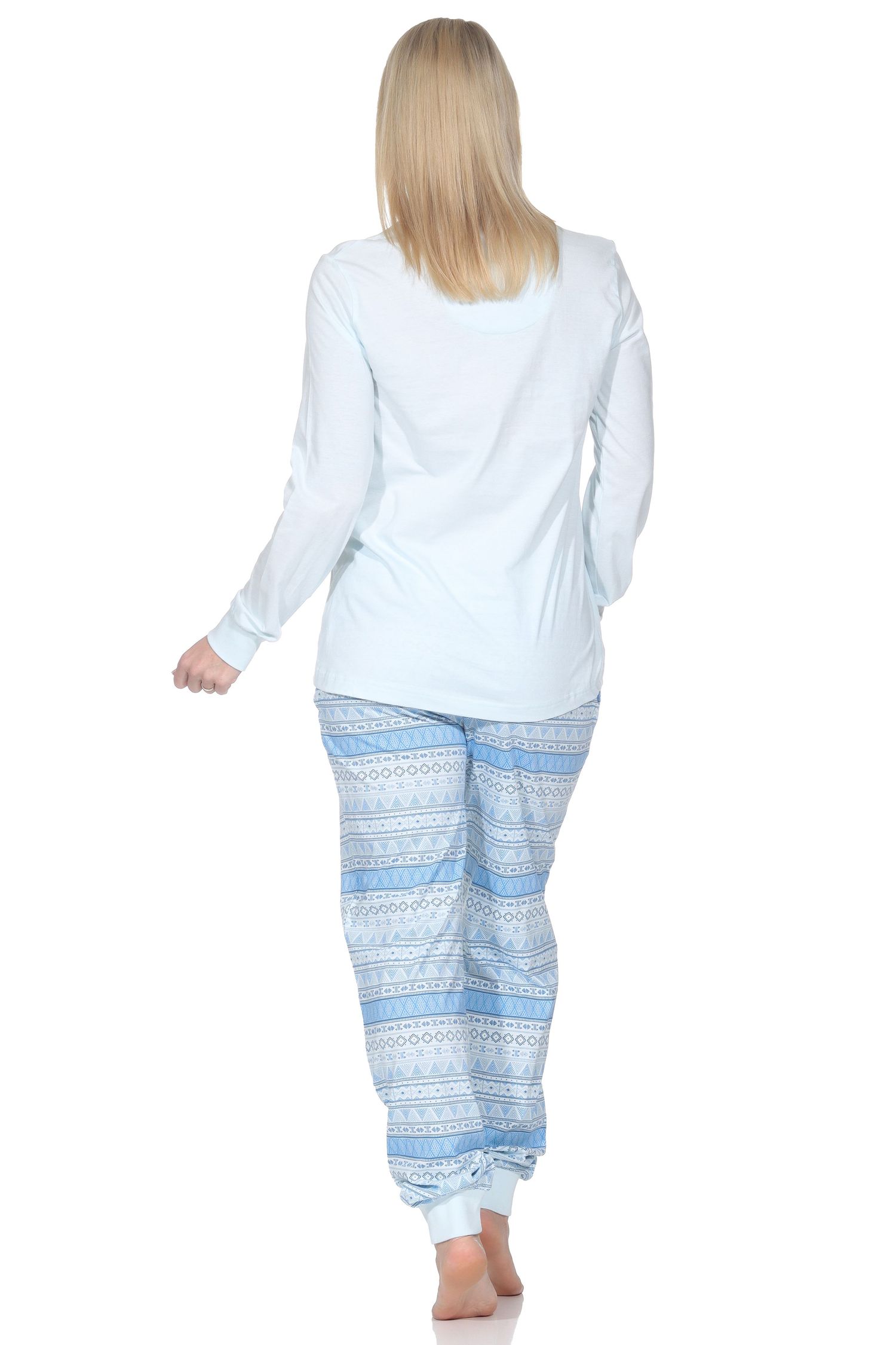 Normann Damen Schlafanzug lang Pyjama mit Bündchen im Ethnolook - auch in Übergrößen