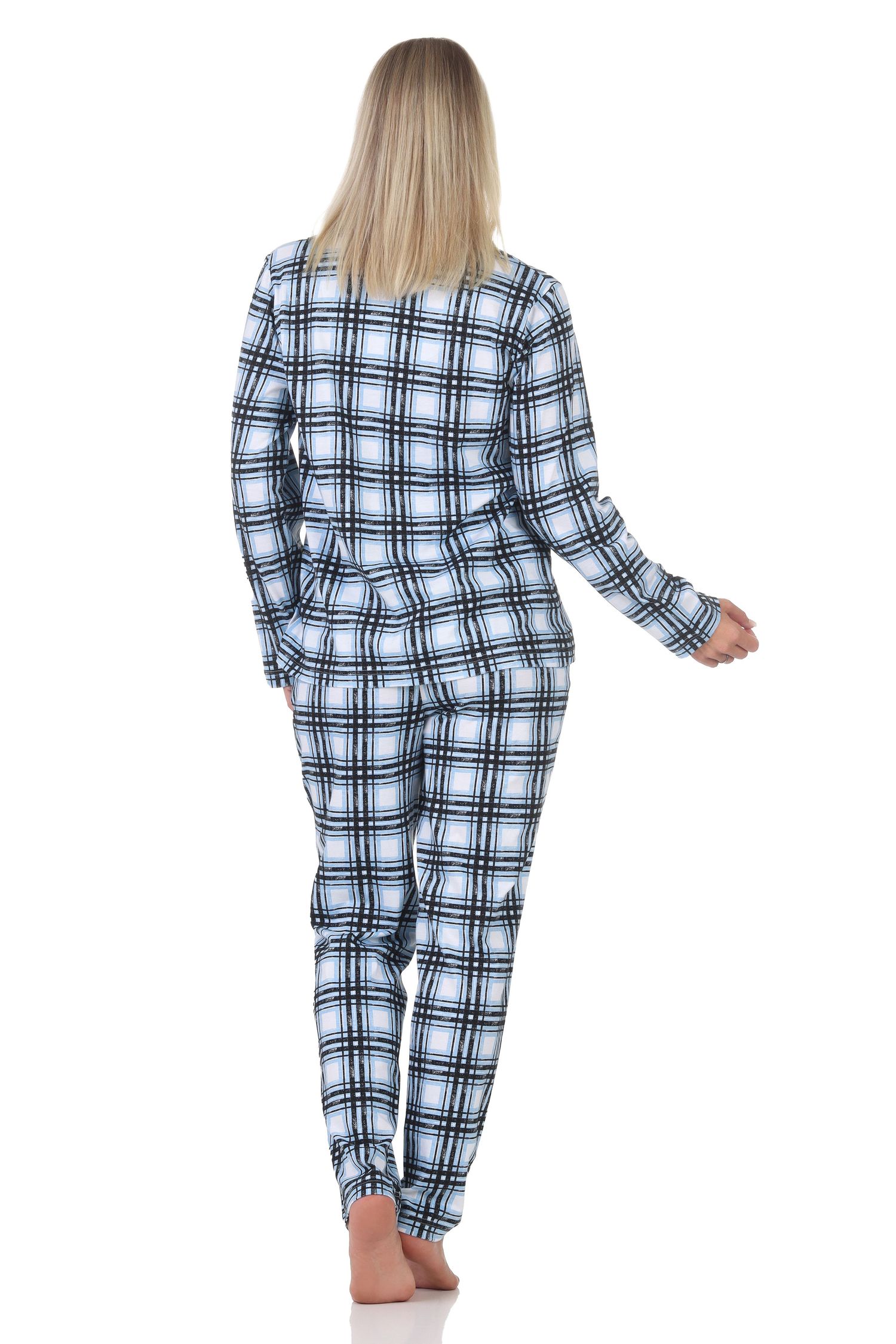 Normann Damen Jersey Pyjama langarm zum durchknöpfen in Karo Optik - auch in Übergröße