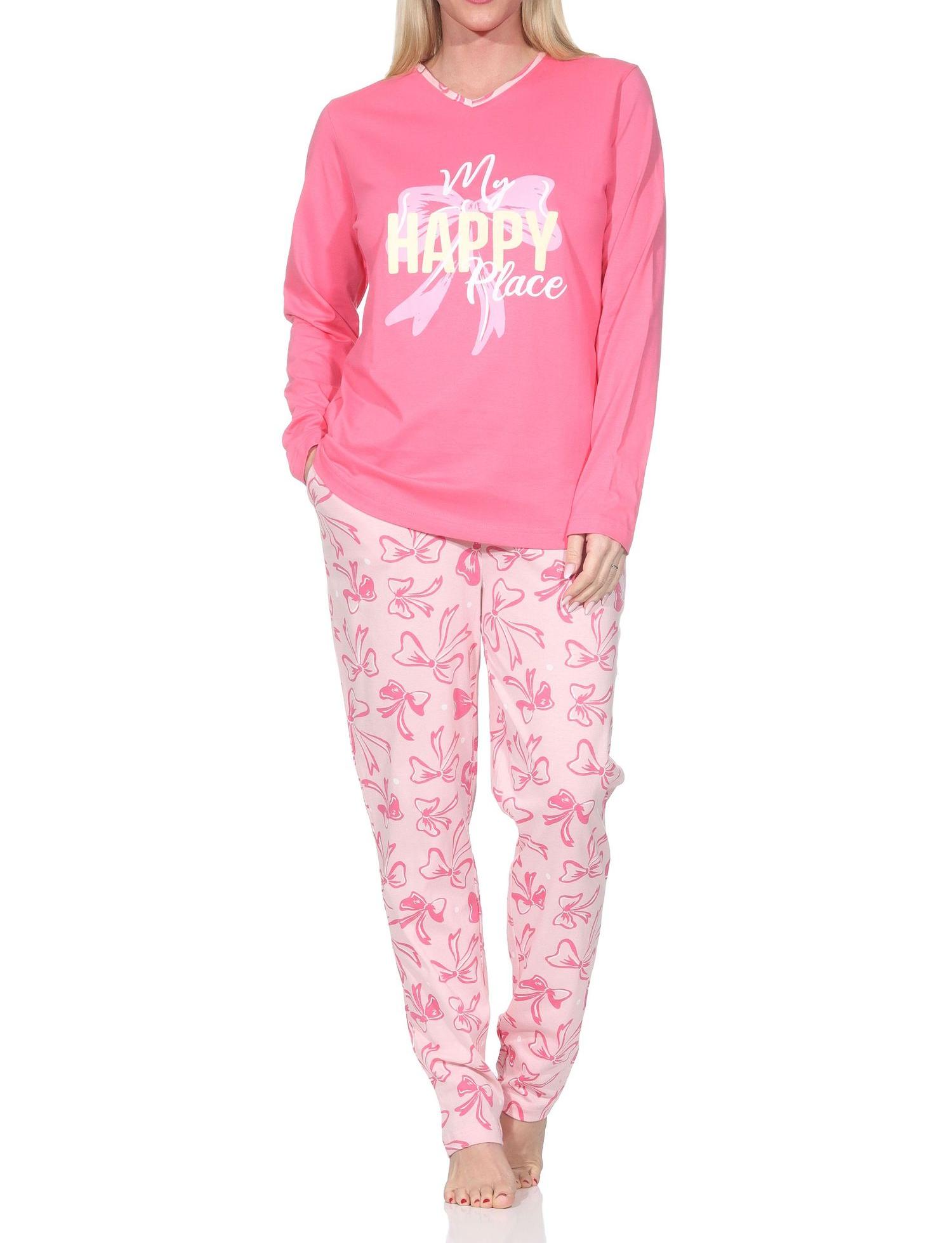 Normann Damen Schlafanzug lang Pyjama in edler Optik mit Schleifen als Motiv Normann Damen Schlafanzug lang Pyjama in edler Optik mit Schleifen als Motiv