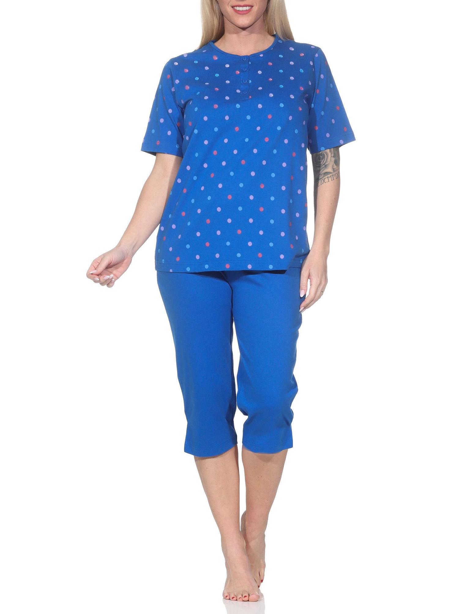 Normann Damen kurzarm Schlafanzug Capri Pyjama in Tupfen-Punkte Optik - auch in Übergröße