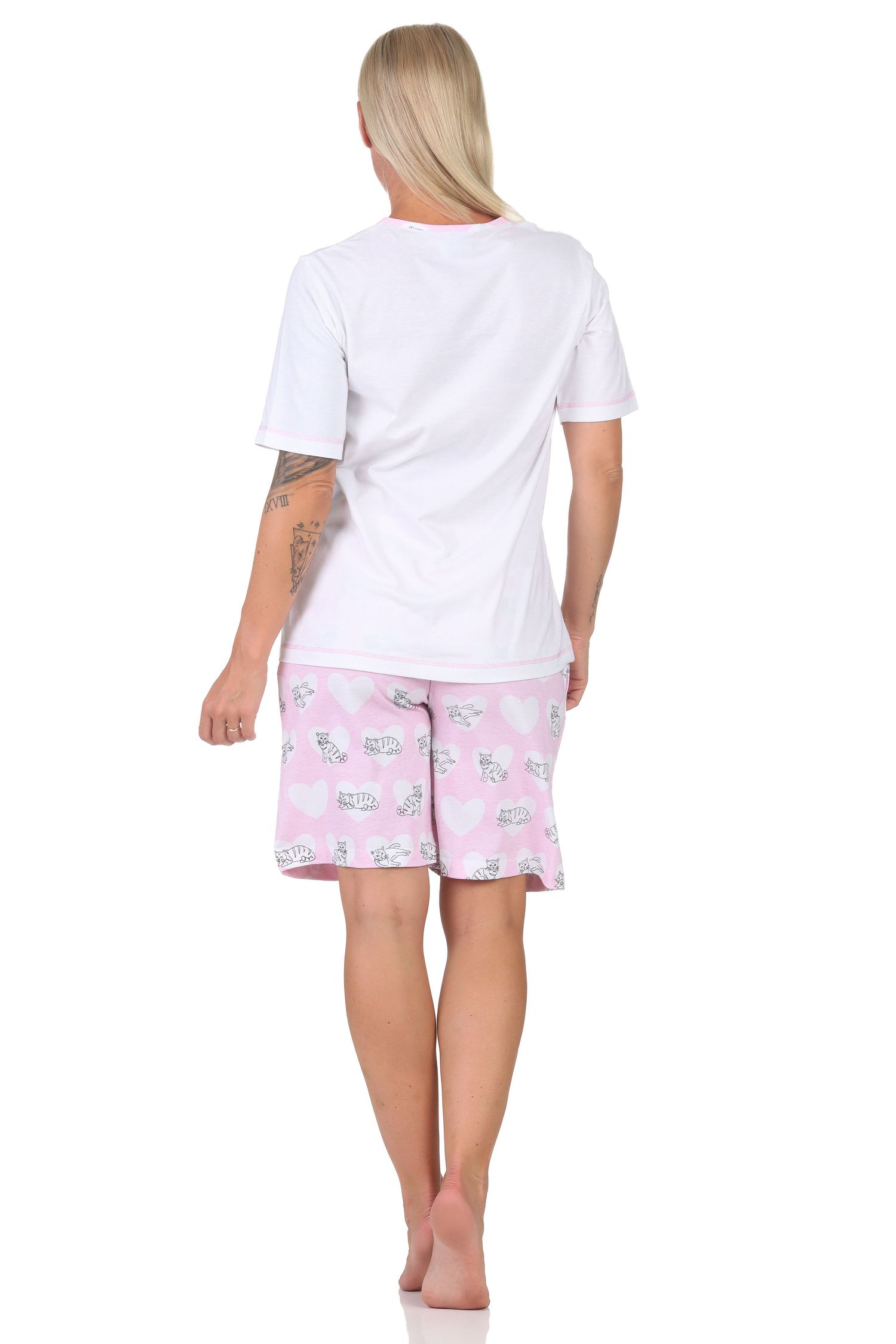 Normann Damen kurzarm Schlafanzug Shorty Pyjama mit Herz und Katzenmotiv