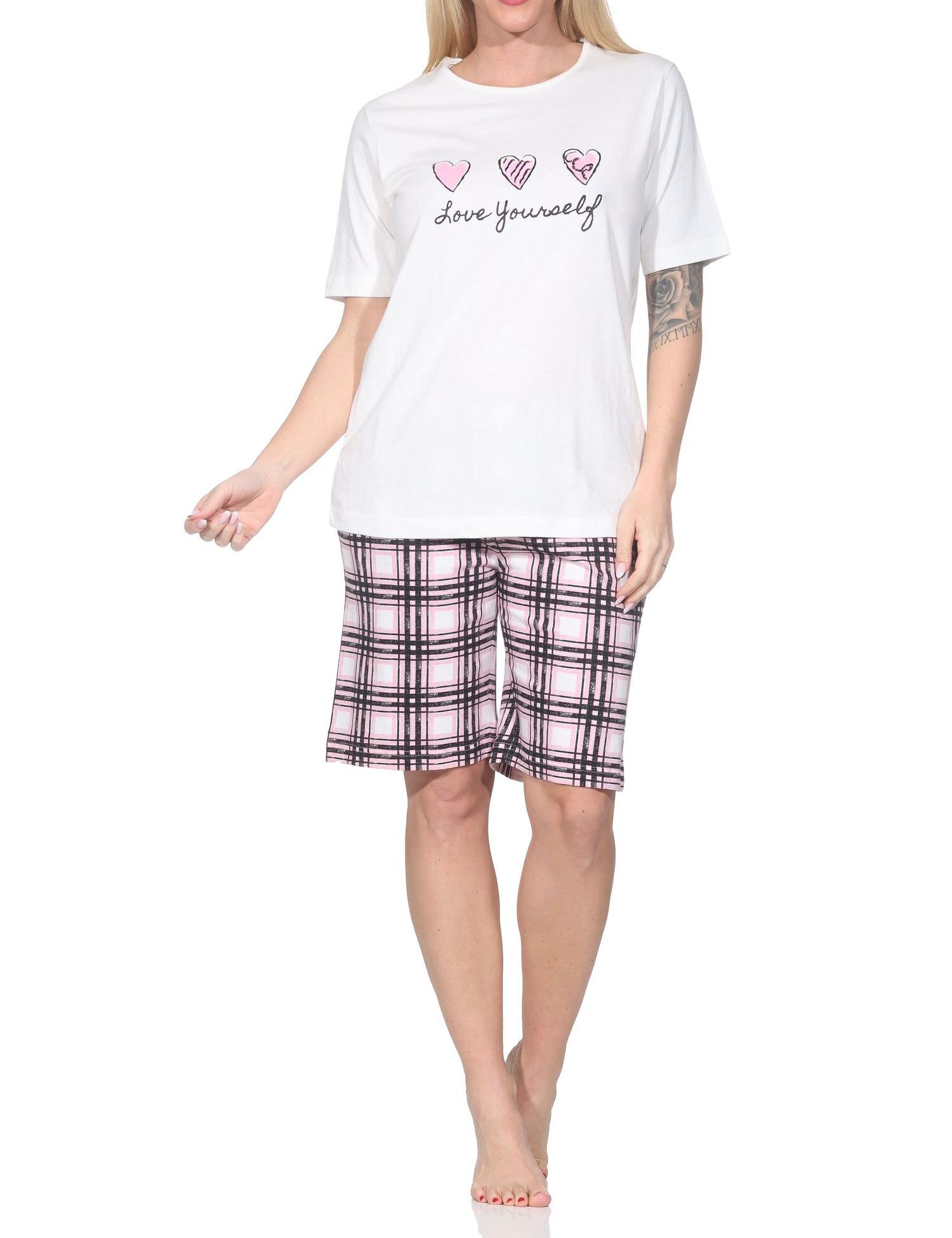 Normann Damen Schlafanzug Shorty mit karierter Pyjamahose aus Jersey - auch in Übergrößen Normann Damen Schlafanzug Shorty mit karierter Pyjamahose aus Jersey - auch in Übergrößen