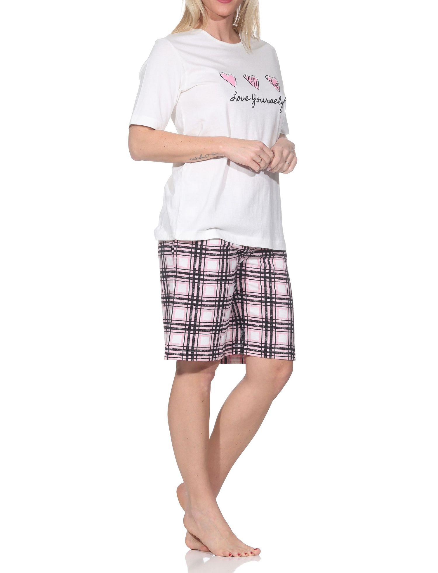 Normann Damen Schlafanzug Shorty mit karierter Pyjamahose aus Jersey - auch in Übergrößen Normann Damen Schlafanzug Shorty mit karierter Pyjamahose aus Jersey - auch in Übergrößen