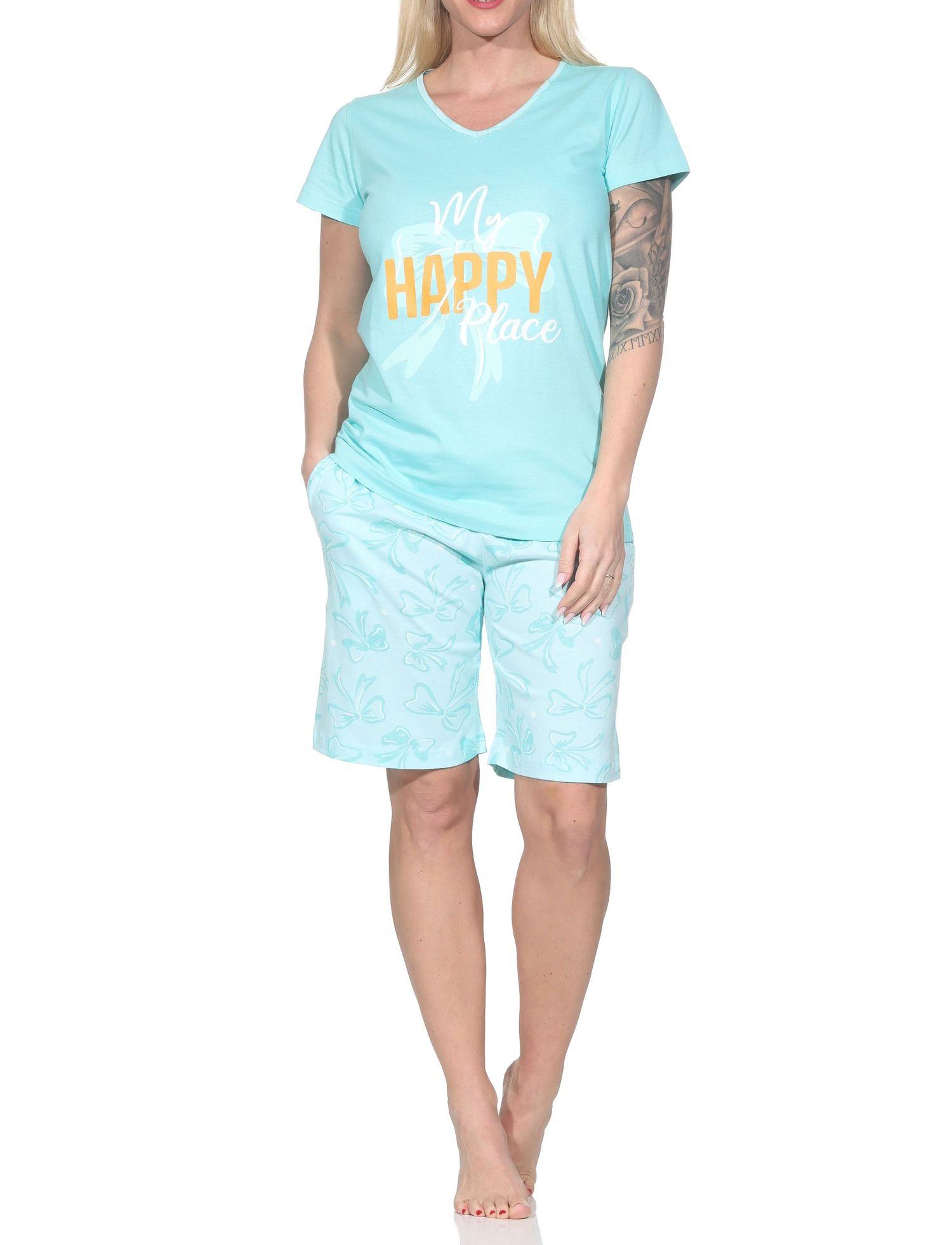 Normann Damen Schlafanzug kurzarm Shorty Pyjama in edler Optik mit Schleifen als Motiv