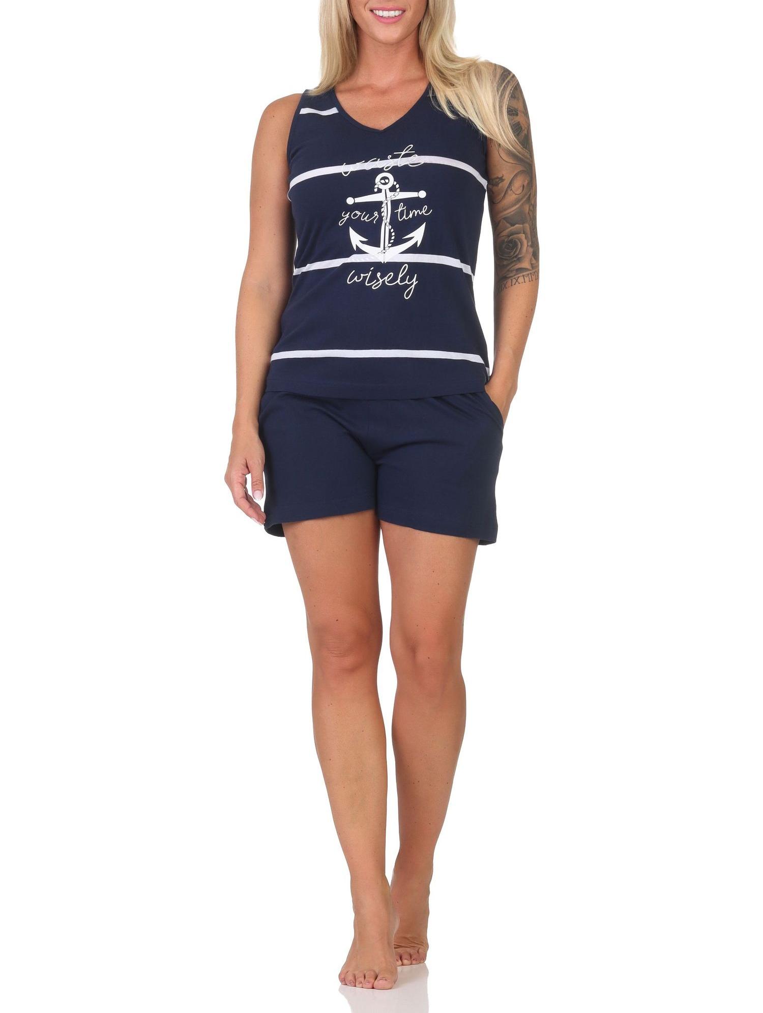 Maritimer ärmelloser Damen Shorty Schlafanzug mit Anker als Motiv – auch in Übergröße Maritimer ärmelloser Damen Shorty Schlafanzug mit Anker als Motiv – auch in Übergröße