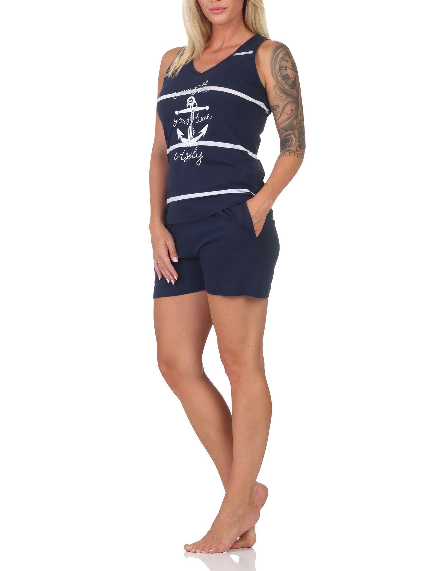 Maritimer ärmelloser Damen Shorty Schlafanzug mit Anker als Motiv – auch in Übergröße