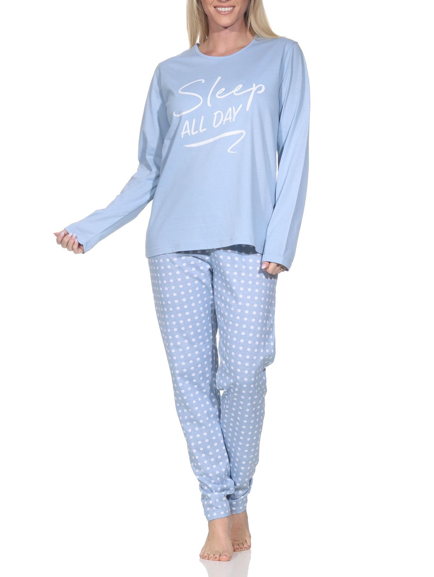 Normann Damen Schlafanzug langarm Pyjama mit gepunkteter Pyjamahose und mit Frontprint Normann Damen Schlafanzug langarm Pyjama mit gepunkteter Pyjamahose und mit Frontprint