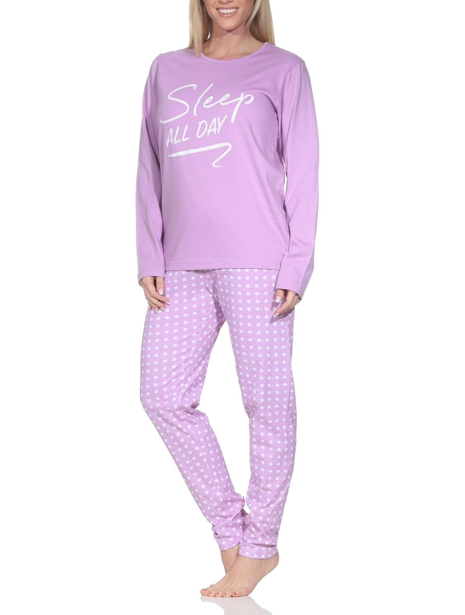 Normann Damen Schlafanzug langarm Pyjama mit karierter Pyjamahose und mit Frontprint Normann Damen Schlafanzug langarm Pyjama mit gepunkteter Pyjamahose und mit Frontprint