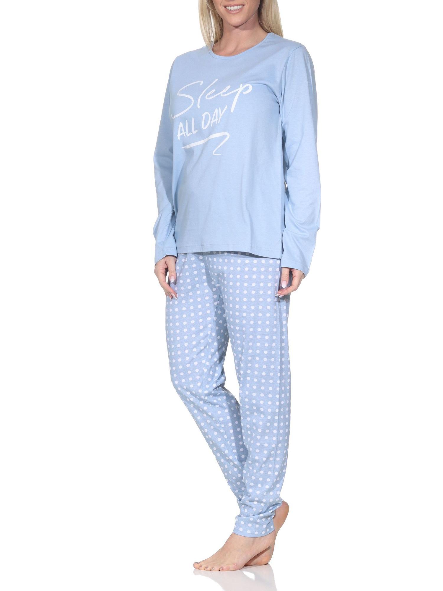 Normann Damen Schlafanzug langarm Pyjama mit gepunkteter Pyjamahose und mit Frontprint