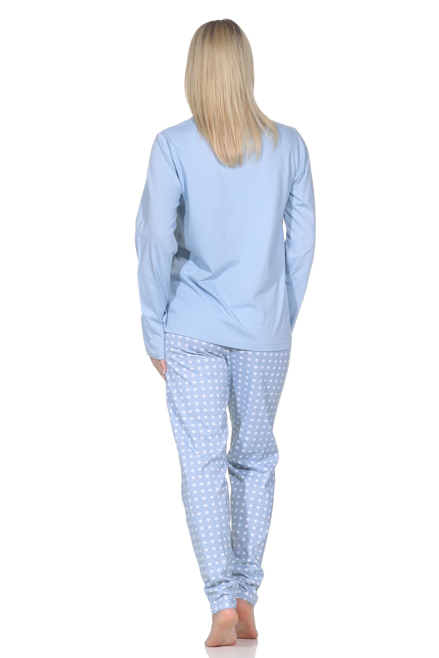 Normann Damen Schlafanzug langarm Pyjama mit gepunkteter Pyjamahose und mit Frontprint