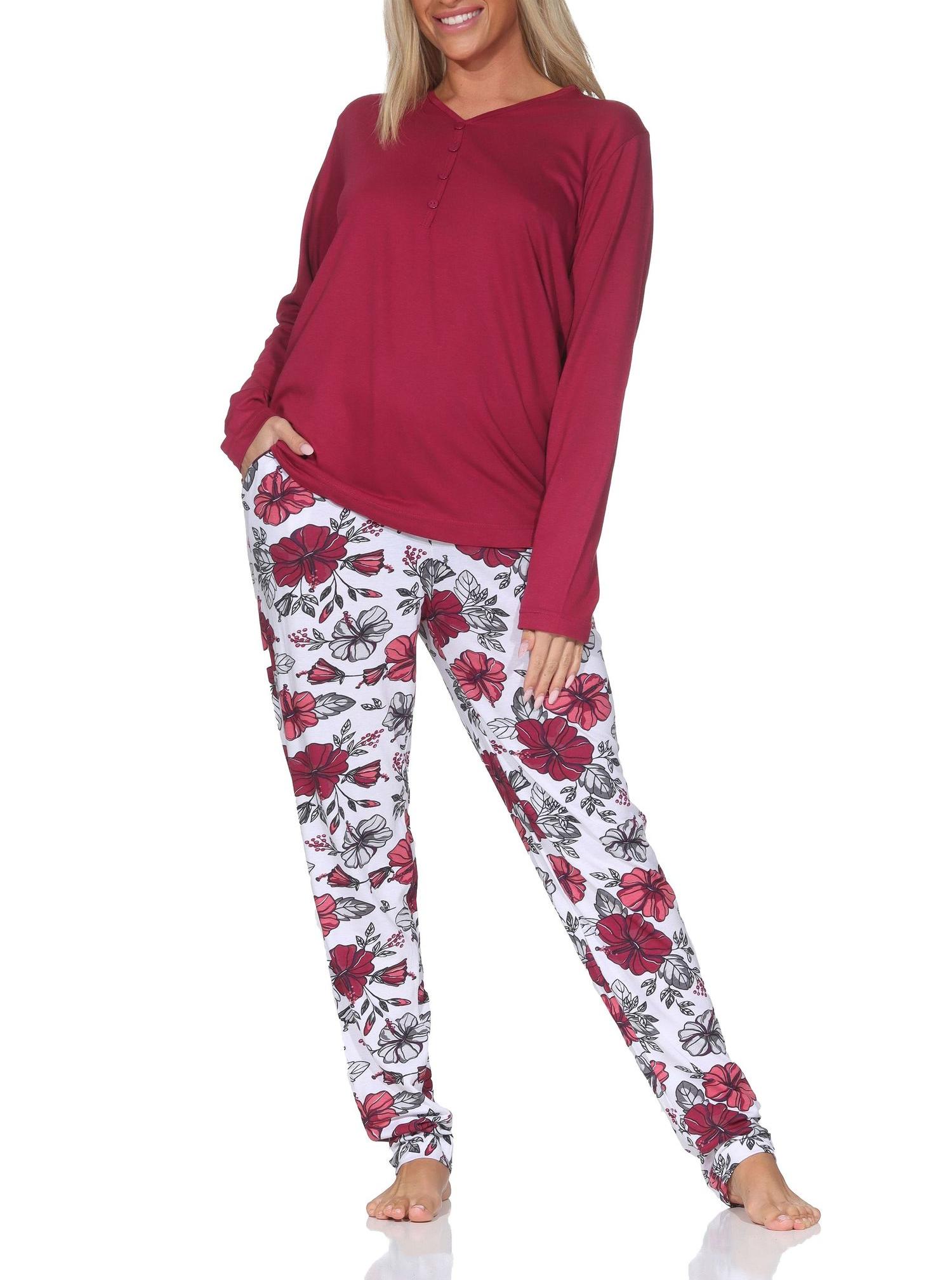 Normann Damen langarm Schlafanzug Pyjama in floralem Design - auch in Übergrößen