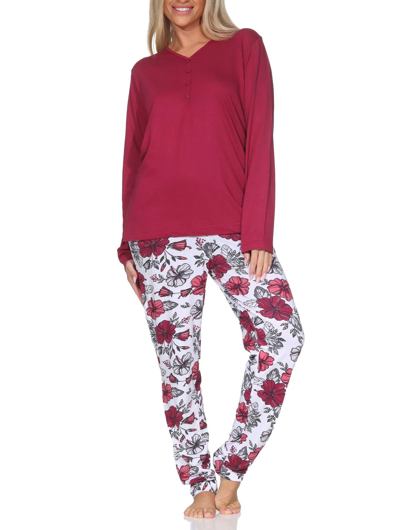 Normann Damen langarm Schlafanzug Pyjama in floralem Design - auch in Übergrößen
