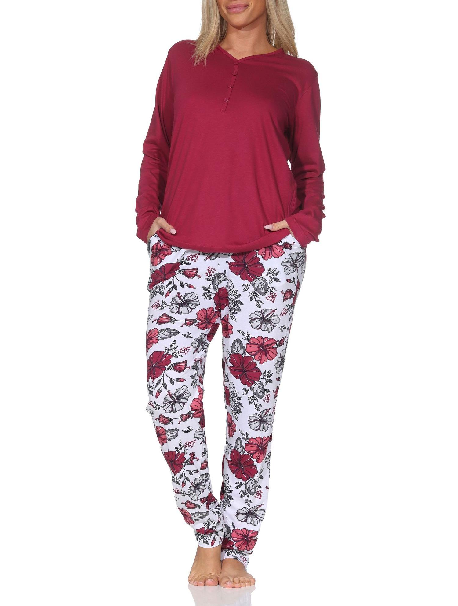 Normann Damen langarm Schlafanzug Pyjama in floralem Design - auch in Übergrößen
