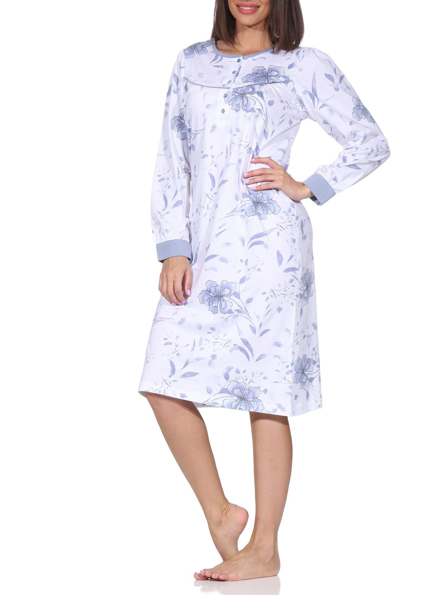 Normann Damen langarm Nachthemd im klassischen fraulichen Design mit Knopfleiste am Hals