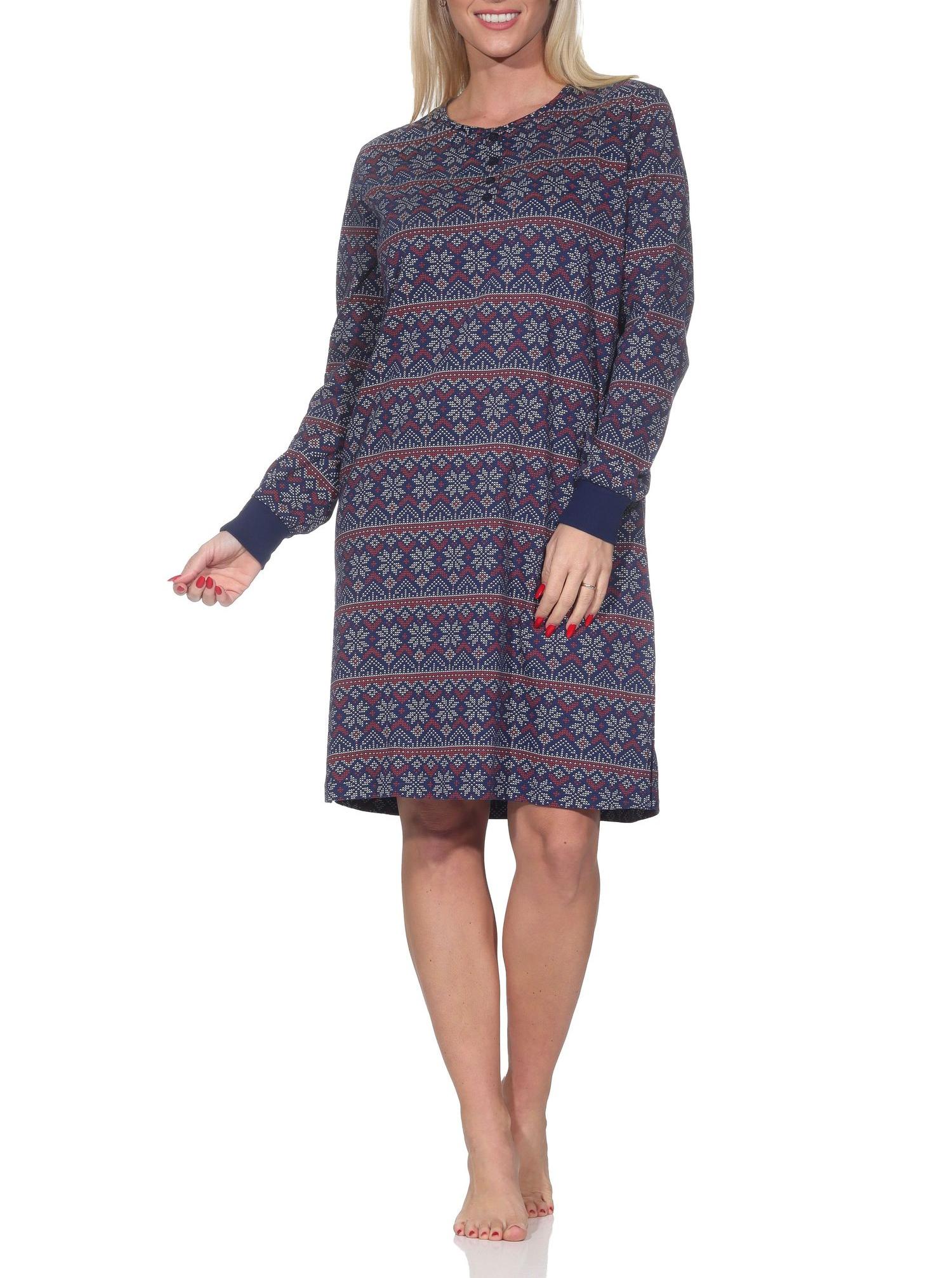 Normann Damen langarm Nachthemd mit Bündchen im Ethnolook – Sleepshirt auch in Übergrößen