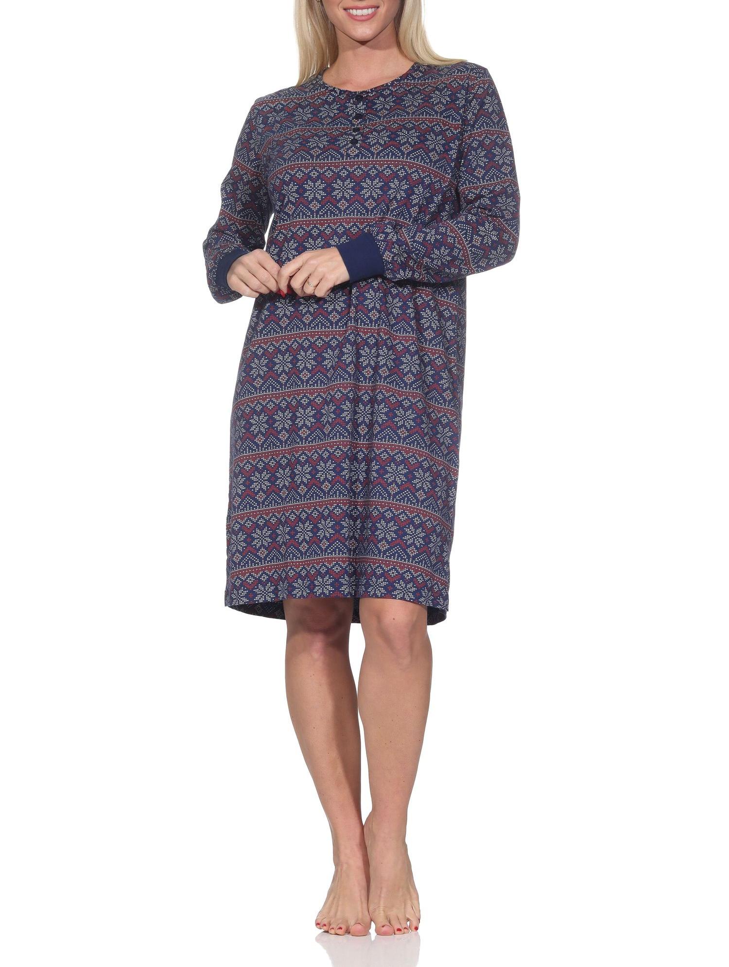 Normann Damen langarm Nachthemd mit Bündchen im Ethnolook – Sleepshirt auch in Übergrößen