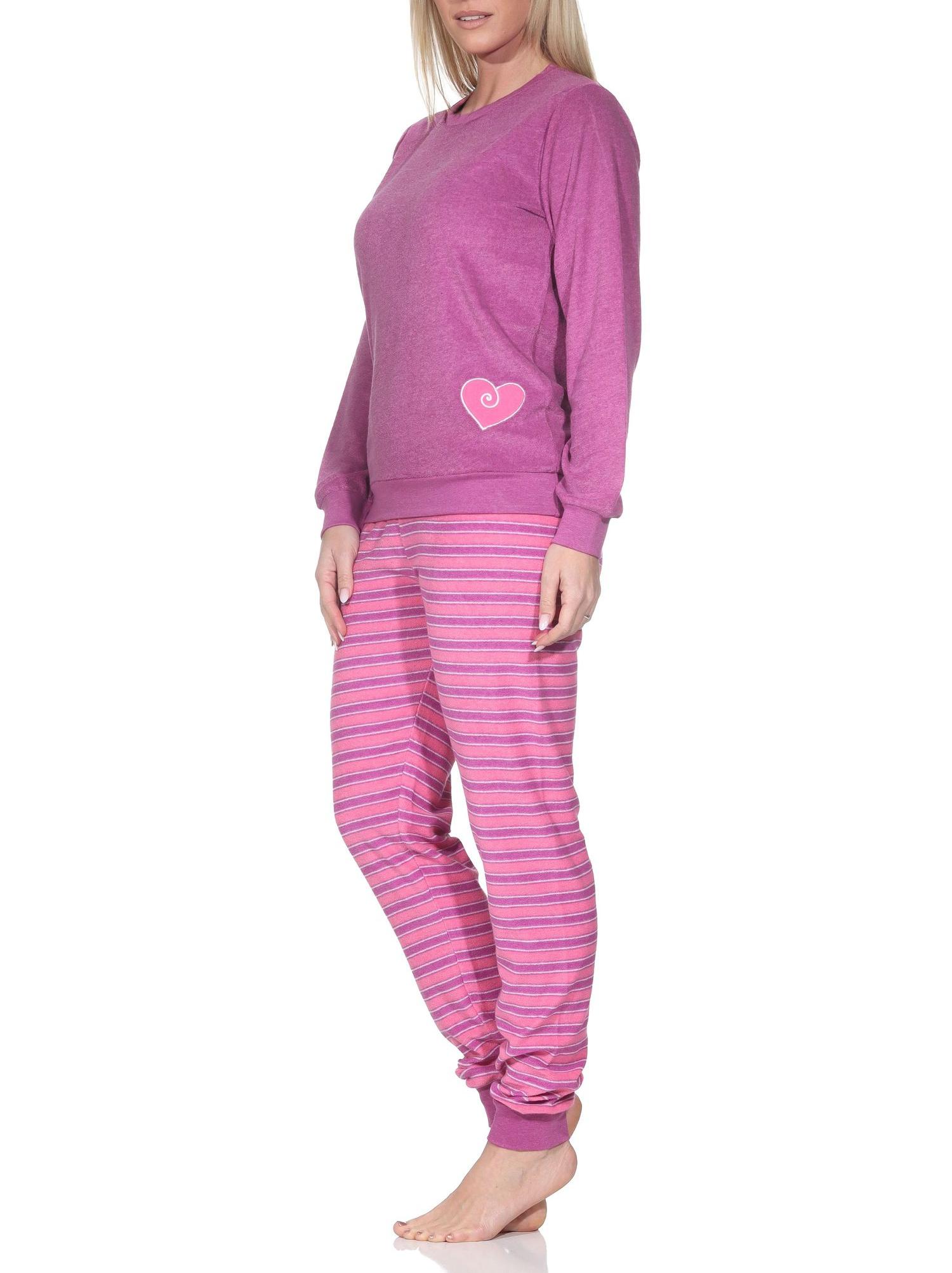 Normann Damen Frottee Schlafanzug mit Bündchen Pyjama mit Herzmotiv – auch in Übergröße