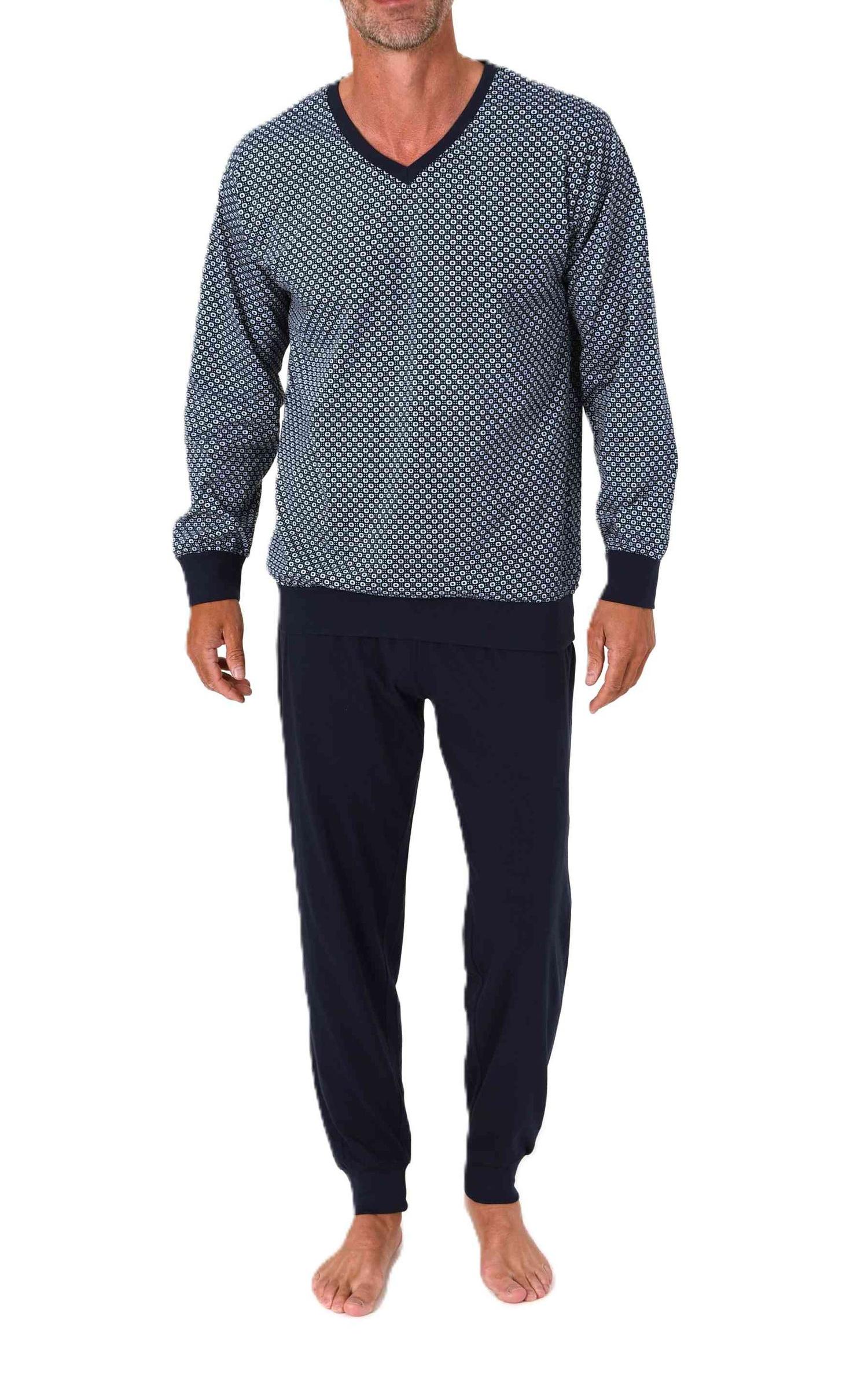 Normann Herren Schlafanzug langarm Pyjama mit Bündchen in eleganter Optik mit V-Hals Normann Herren Schlafanzug langarm Pyjama mit Bündchen in eleganter Optik mit V-Hals