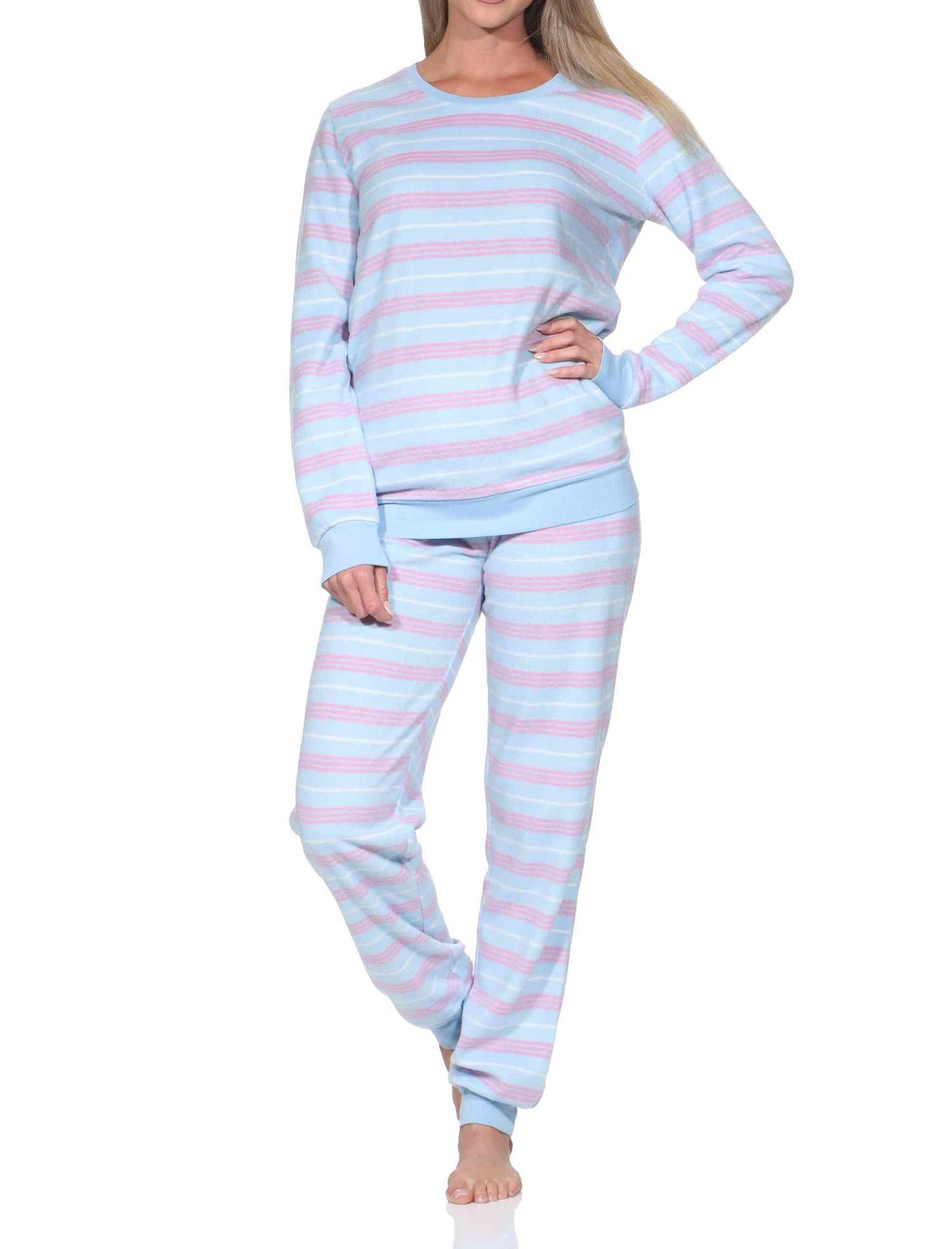 Normann Damen langarm Fleece Schlafanzug mit Bündchen in Streifen Optik Normann Damen langarm Fleece Schlafanzug mit Bündchen in Streifen Optik