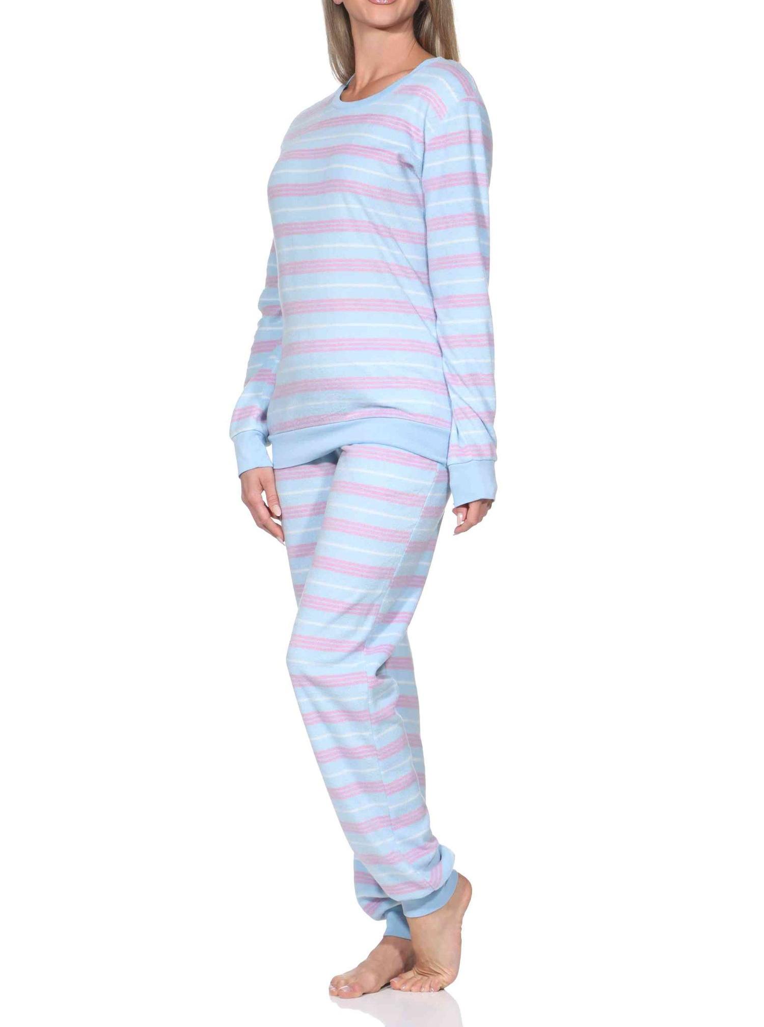 Normann Damen langarm Fleece Schlafanzug mit Bündchen in Streifen Optik Normann Damen langarm Fleece Schlafanzug mit Bündchen in Streifen Optik