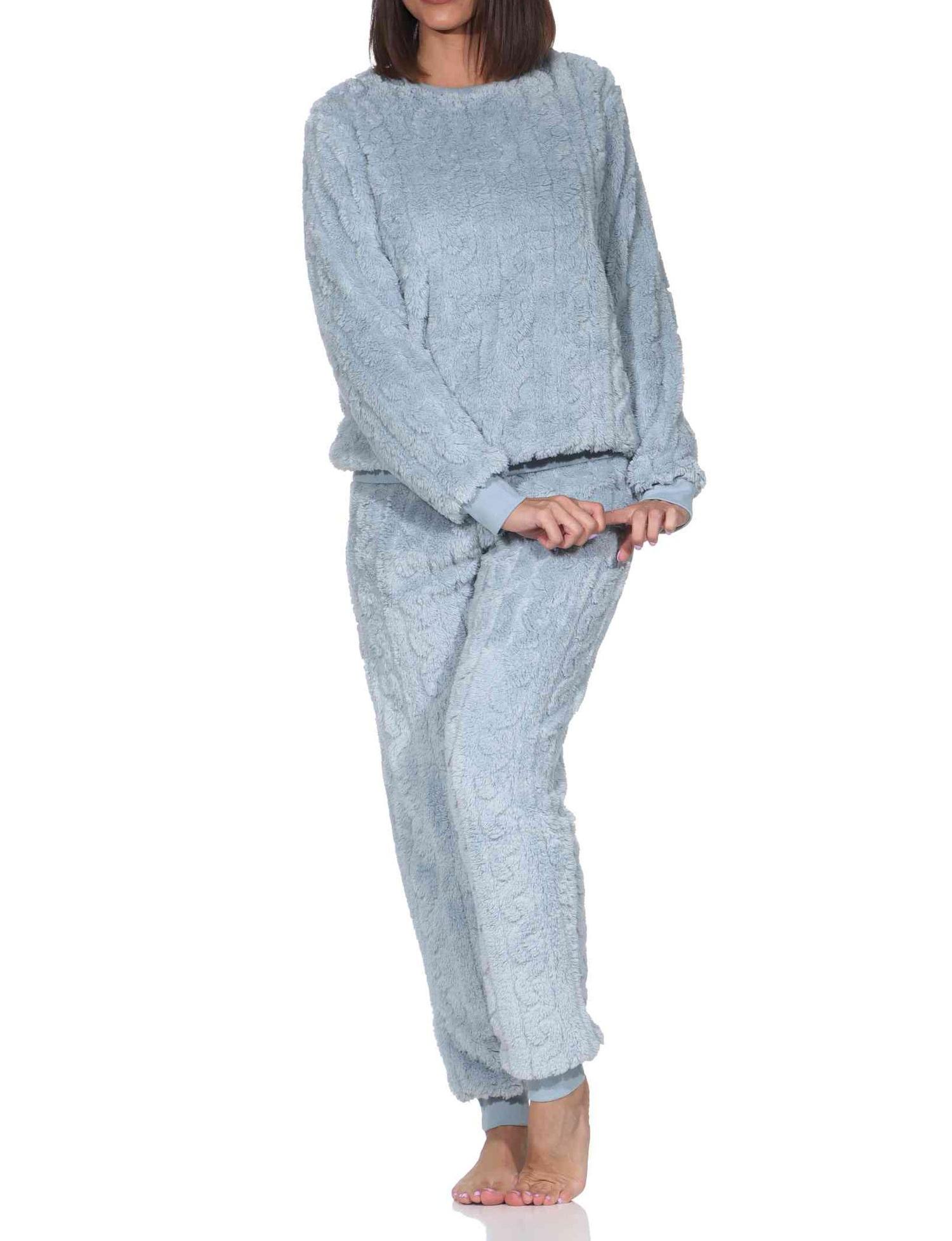 Damen langarm Schlafanzug Hausanzug mit Bündchen aus kuscheligen Sherpa-Fleece Damen langarm Schlafanzug Hausanzug mit Bündchen aus kuscheligen Sherpa-Fleece