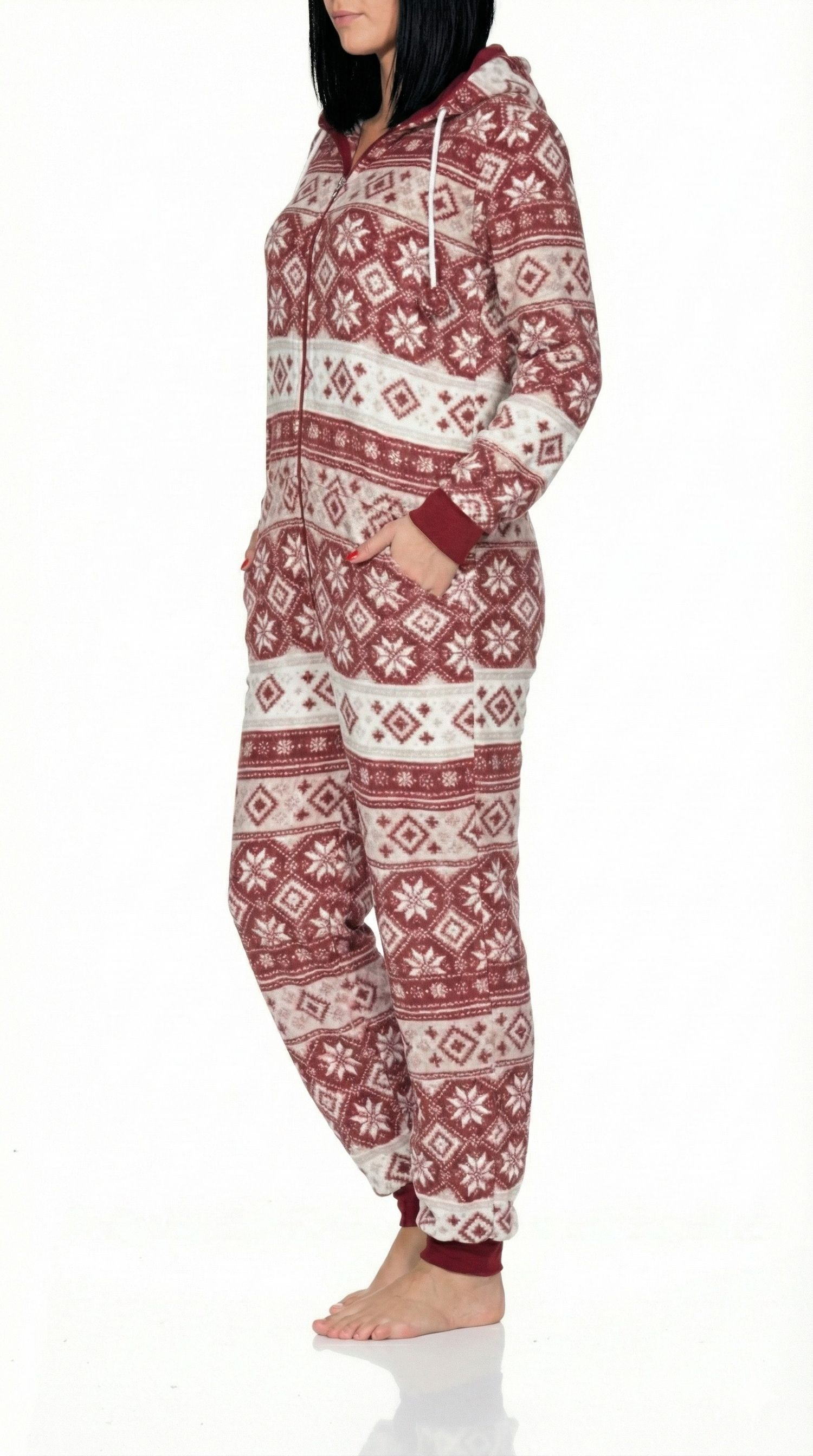 Damen Schlafanzug Jumpsuit Overall in Norweger Optik aus kuschelig warmen Coralfleece Damen Schlafanzug Jumpsuit Overall in Norweger Optik aus kuschelig warmen Coralfleece