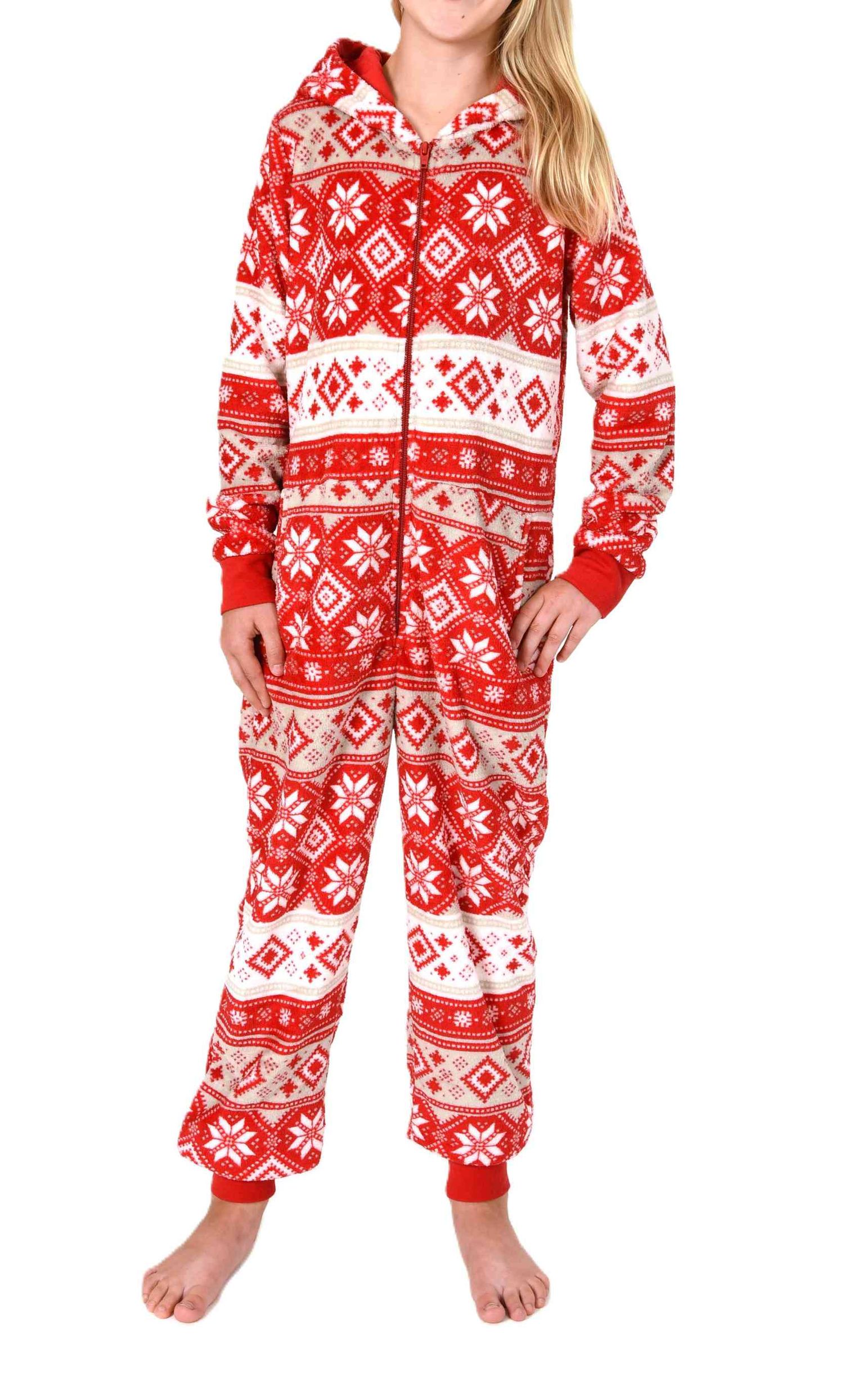 Normann Mädchen Jumpsuit Schlafanzug Overall aus kuscheligen Coralfleece in Norweger Optik Normann Mädchen Jumpsuit Schlafanzug Overall aus kuscheligen Coralfleece in Norweger Optik