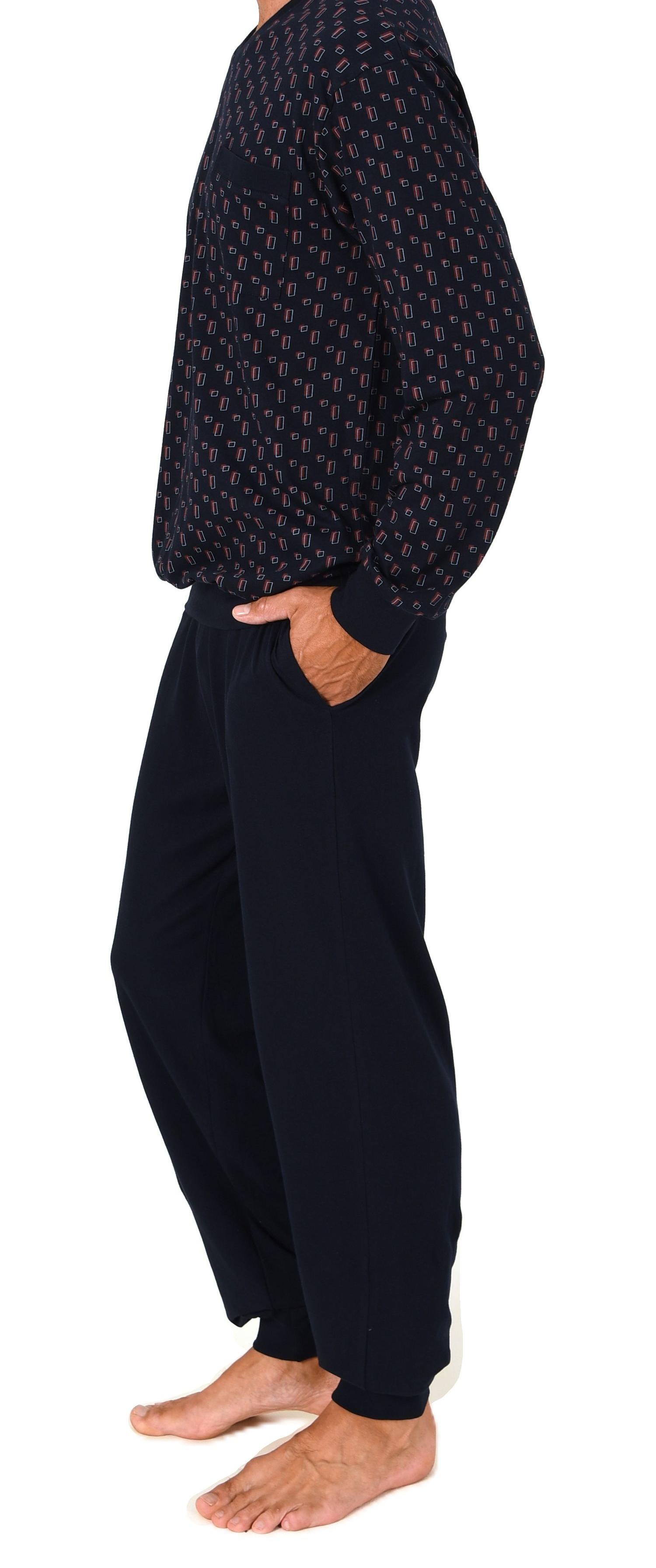 Normann Herren Schlafanzug lang – Pyjama mit Bündchen, Minimal-Design und V-Hals