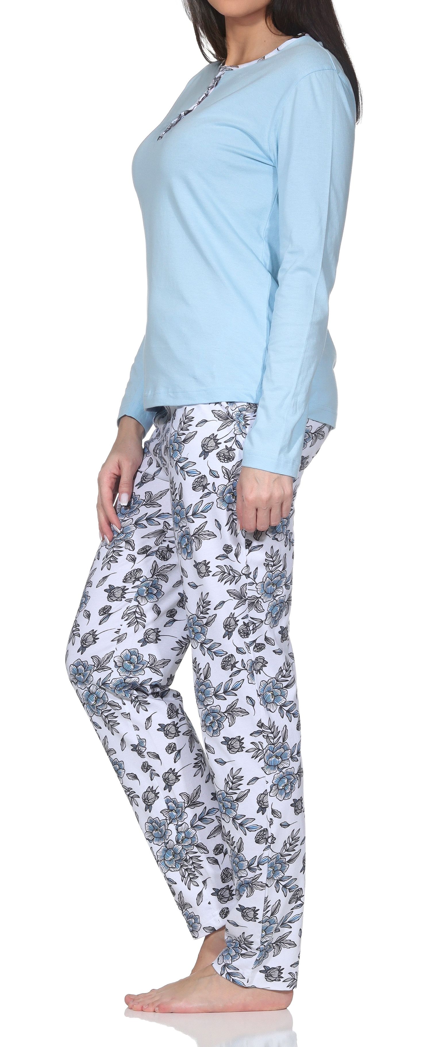 Normann Damen Pyjama Schlafanzug lang mit Hose in floralem Print - auch in Übergrössen