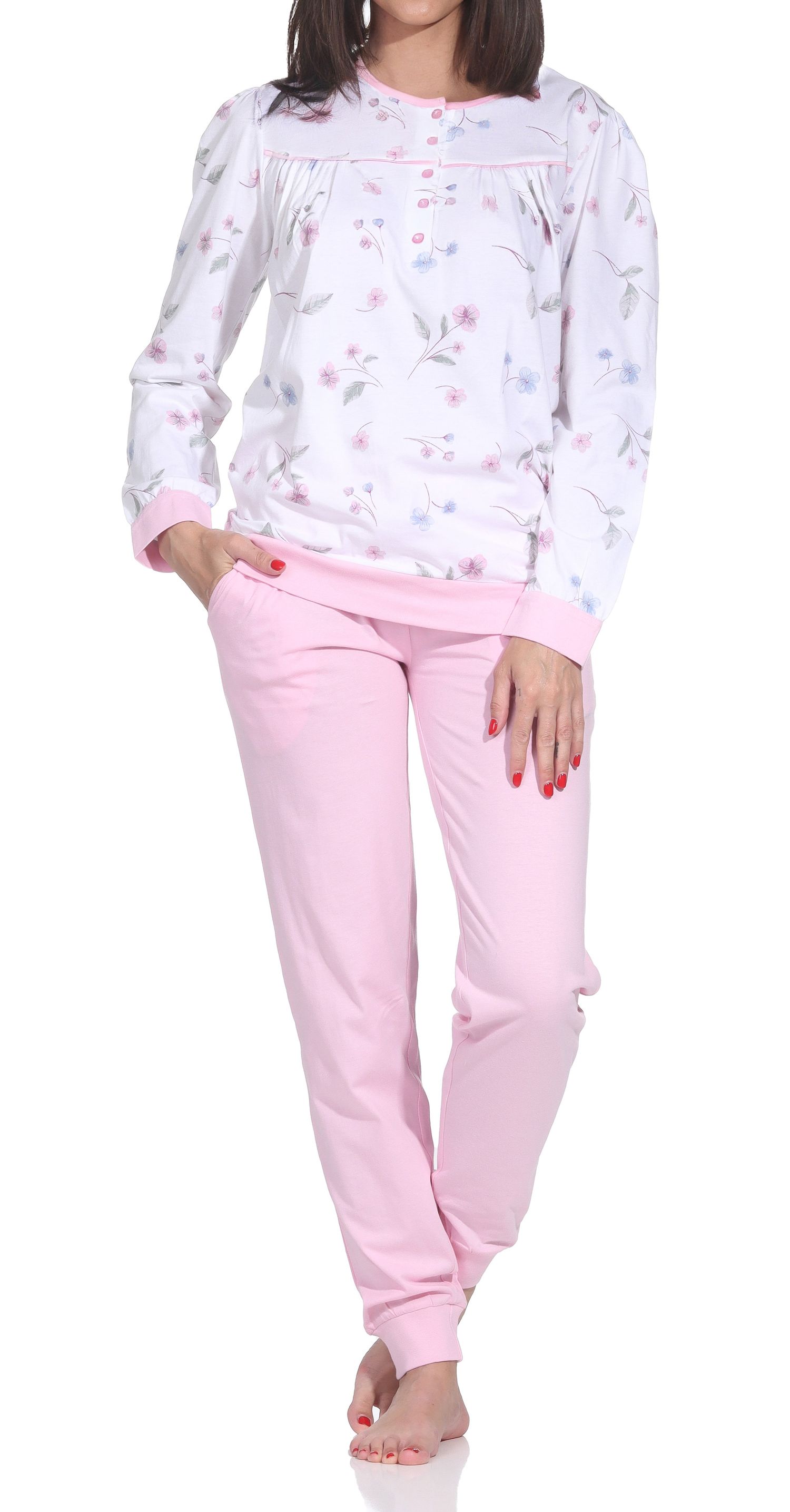 Normann Damen fraulicher Langarm Schlafanzug Pyjama mit Bündchen in Klassischer Optik