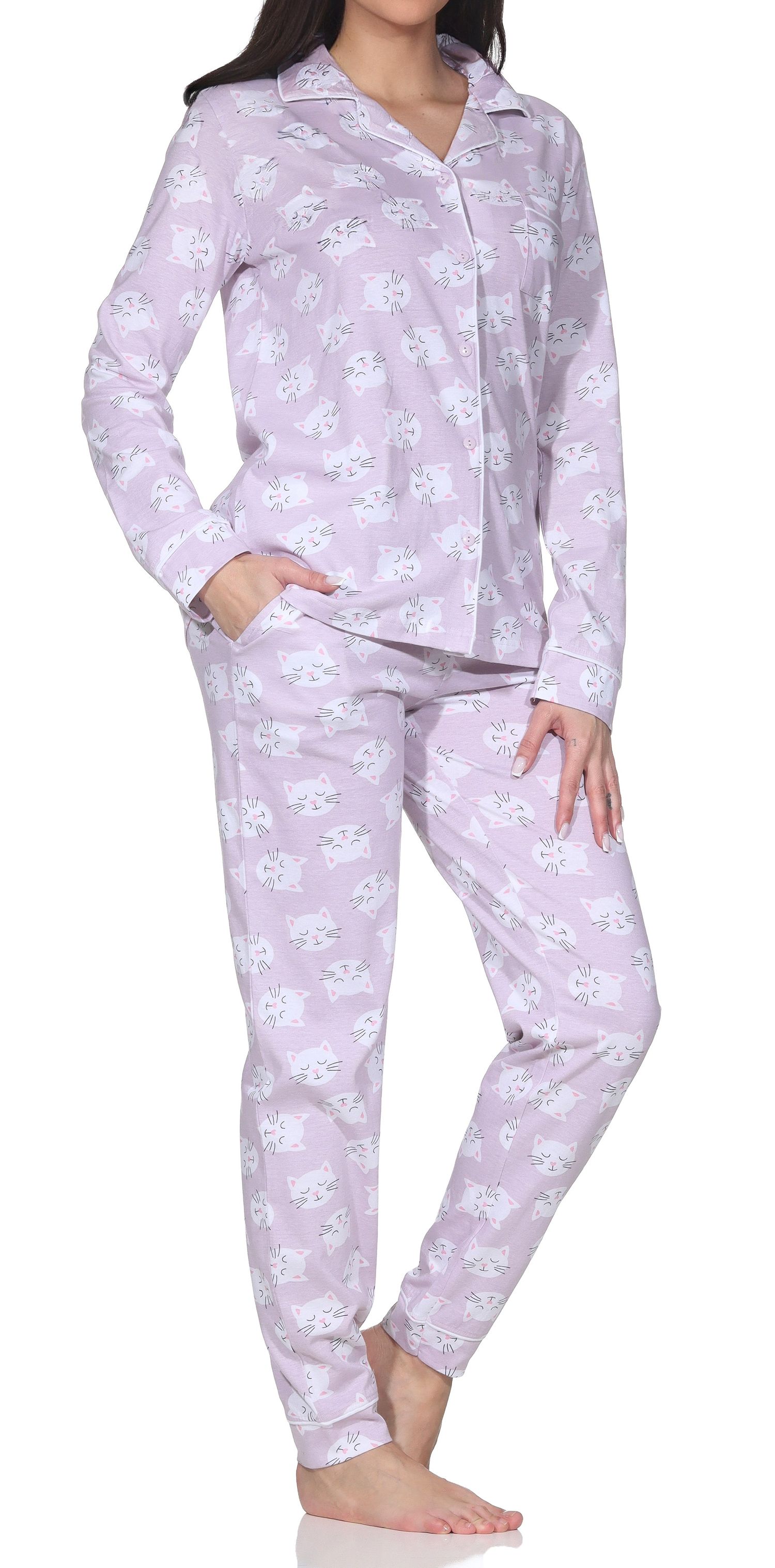 Normann Damen Jersey Pyjama langarm zum durchknöpfen mit Katzenmotiven - auch in Übergröße