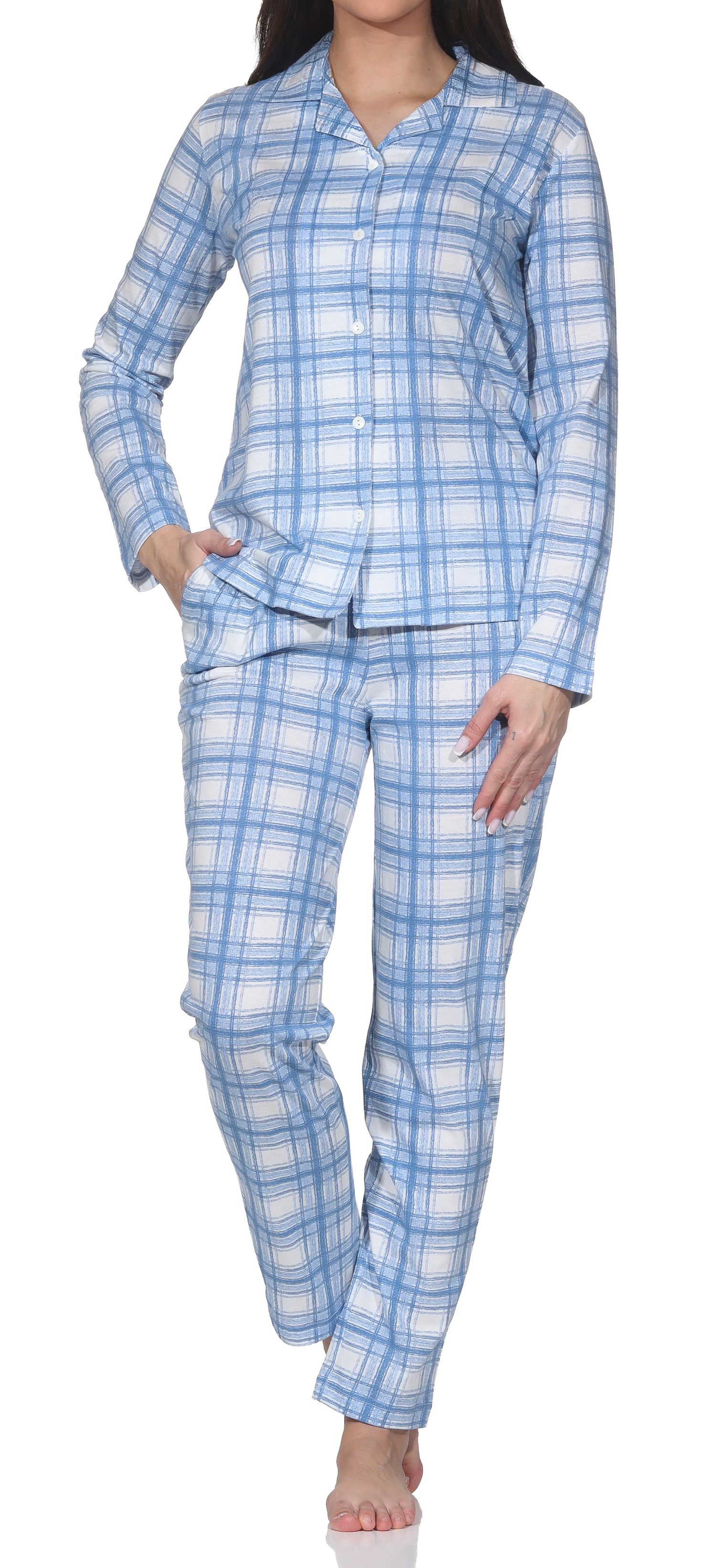Normann Damen Jersey Pyjama langarm zum durchknöpfen in Karo Optik - auch in Übergrößen Normann Damen Jersey Pyjama langarm zum durchknöpfen in Karo Optik - auch in Übergrößen