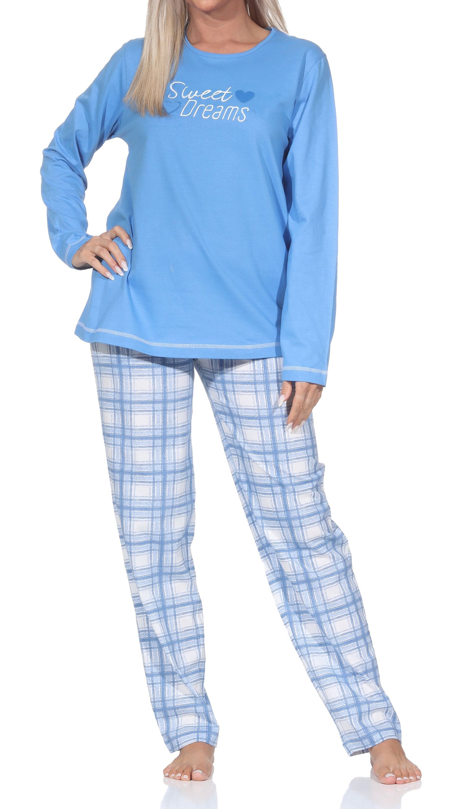 Normann Damen Schlafanzug mit karierter Pyjama-Hose aus Single Jersey - auch in Übergröße