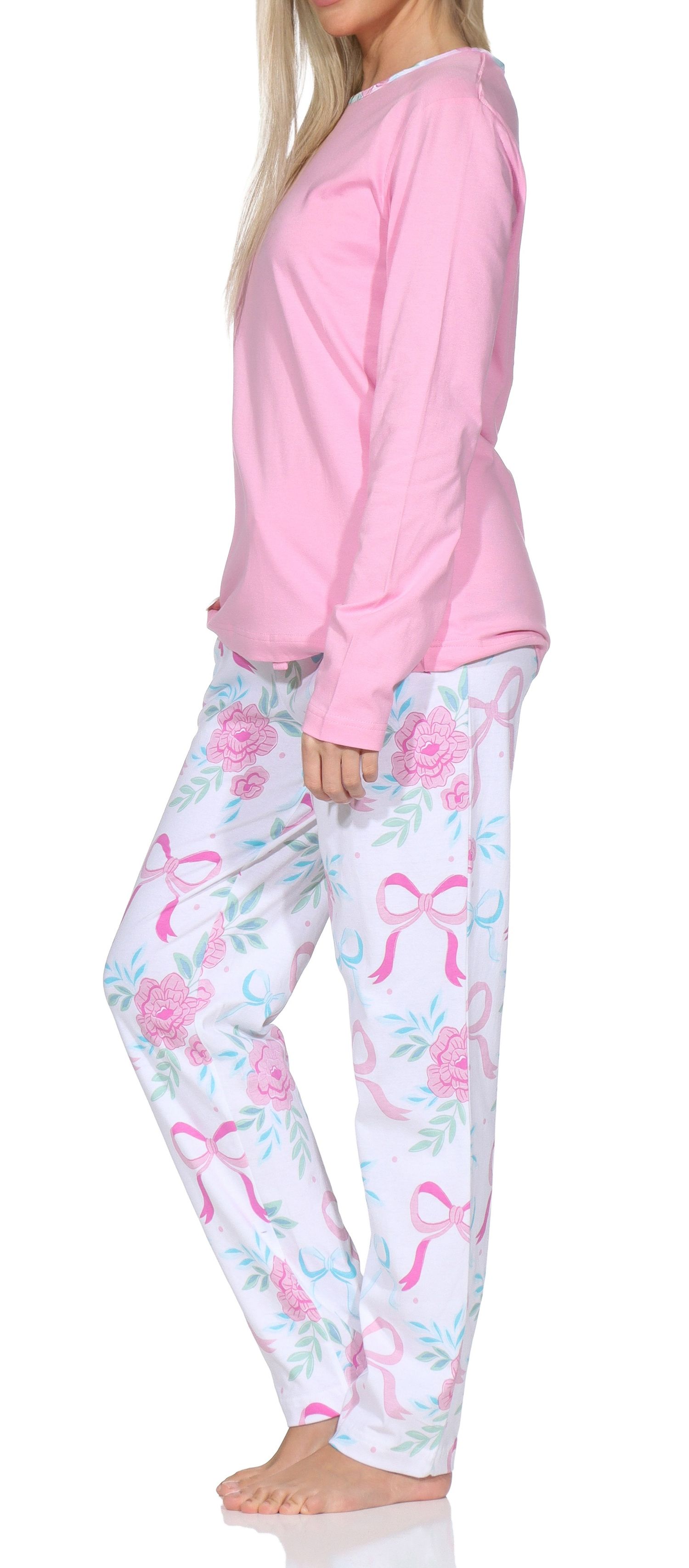 Normann Damen Pyjama langarm Schlafanzug – Romantisches Schleifen-Rosen-Design Normann Damen Pyjama langarm Schlafanzug – Romantisches Schleifen-Rosen-Design