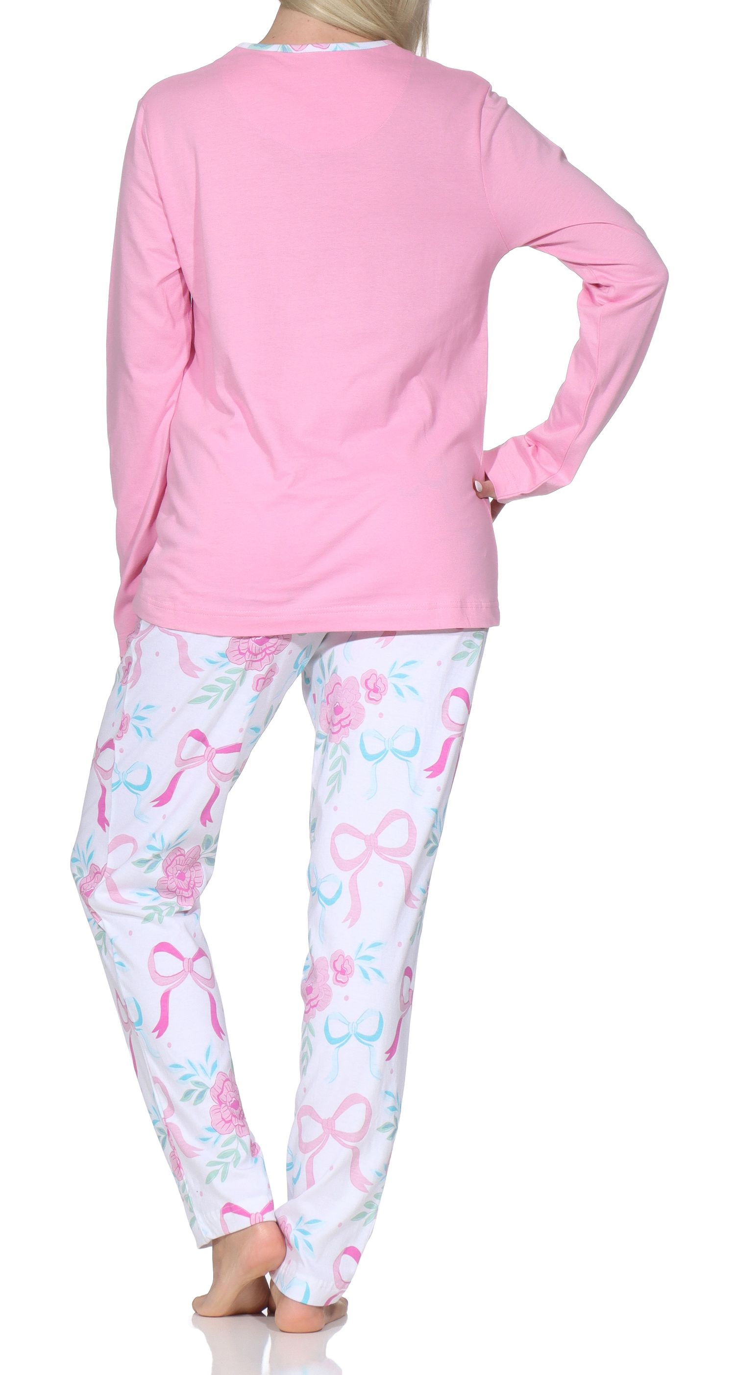 Normann Damen Pyjama langarm Schlafanzug – Romantisches Schleifen-Rosen-Design Normann Damen Pyjama langarm Schlafanzug – Romantisches Schleifen-Rosen-Design