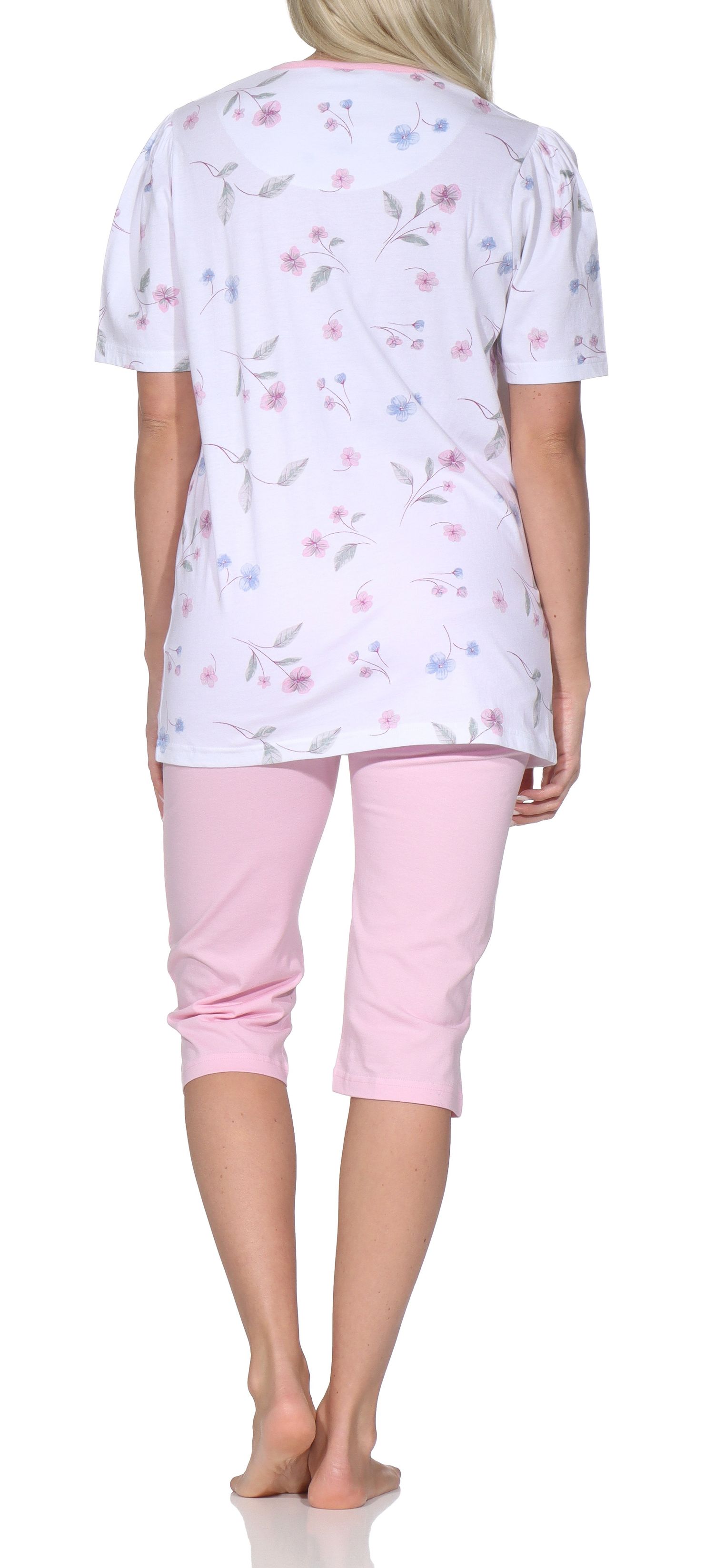 Normann Damen Capri-Pyjama kurzarm – Sommerliches Blumen-Design, Auch in Übergröße Normann Damen Capri-Pyjama kurzarm – Sommerliches Blumen-Design, Auch in Übergröße