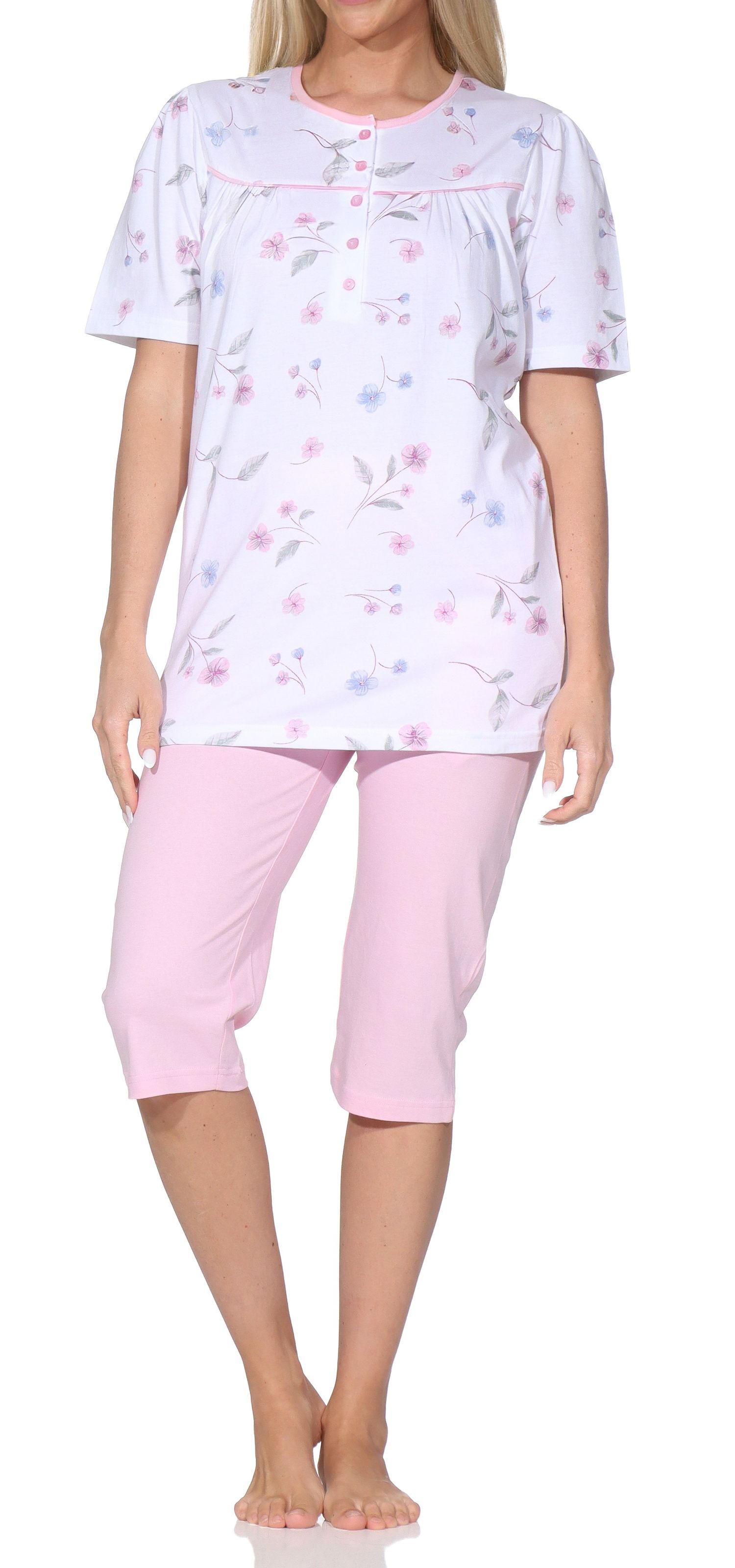 Normann Damen Capri-Pyjama kurzarm – Sommerliches Blumen-Design, Auch in Übergröße