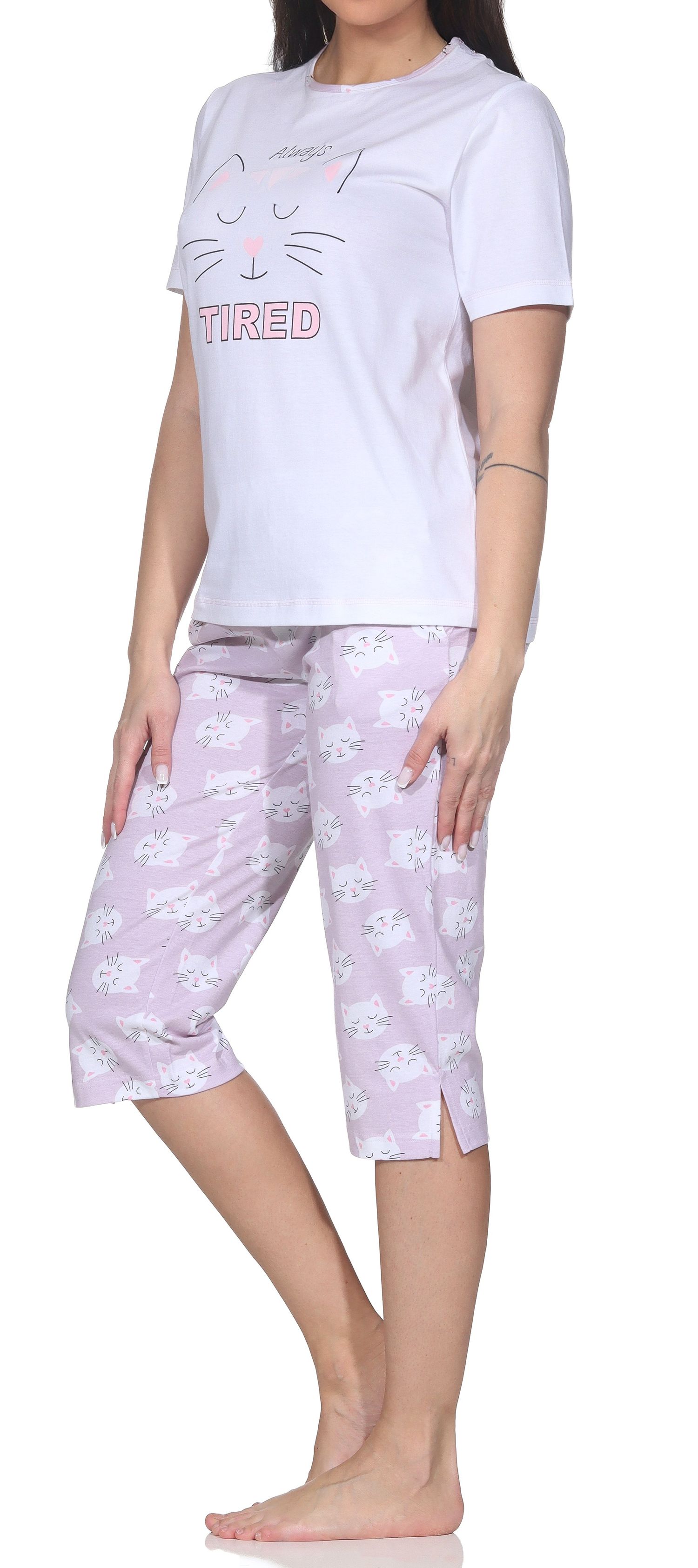 Normann Damen Capri-Pyjama kurzarm – Sommerlicher Katzen-Schlafanzug – auch in Übergröße