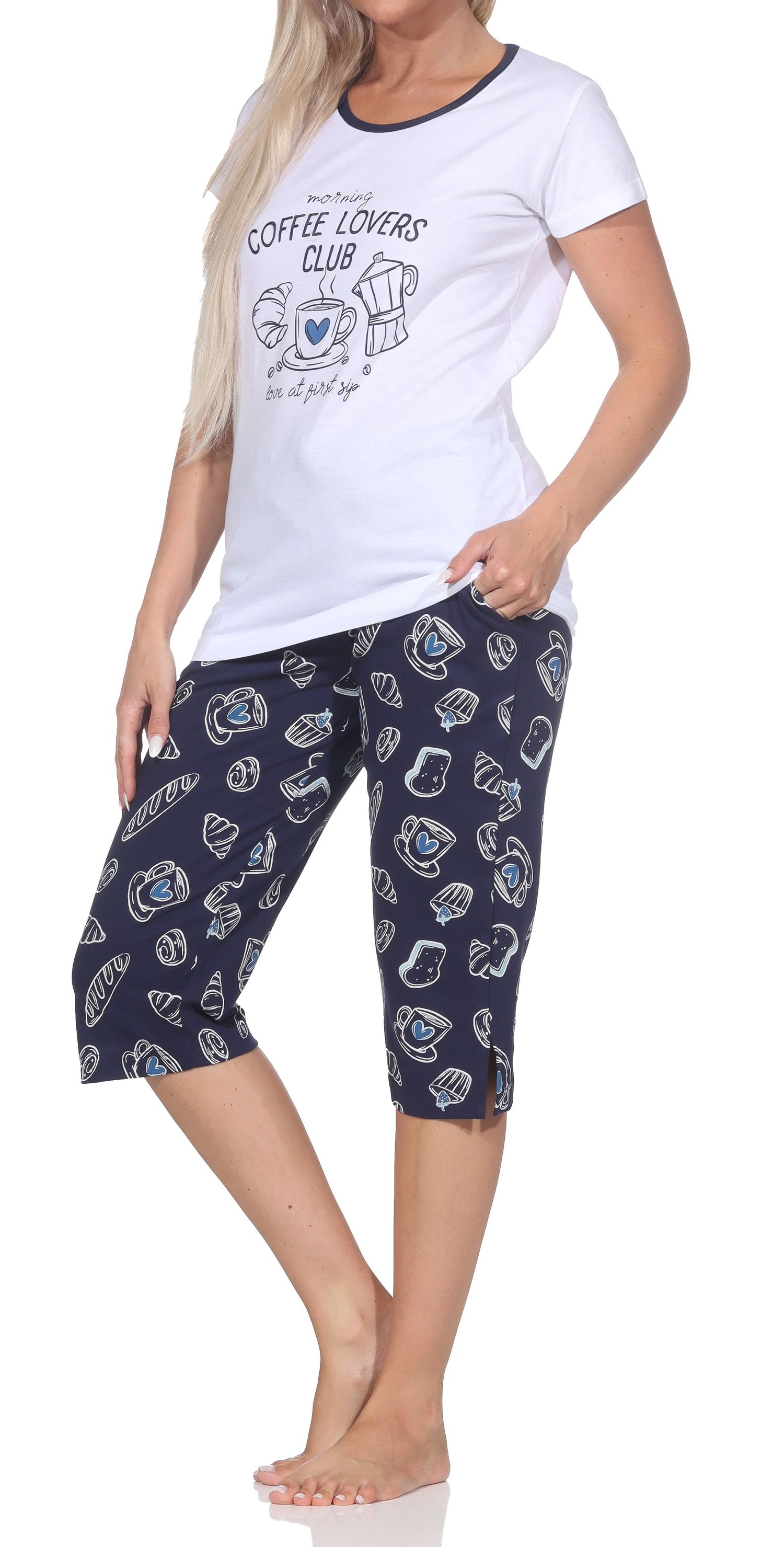 Normann Damen Capri-Pyjama kurzarm Shorty – „Coffee Lovers Club“ - auch in Übergrößen Normann Damen Capri-Pyjama kurzarm Shorty – „Coffee Lovers Club“ - auch in Übergrößen