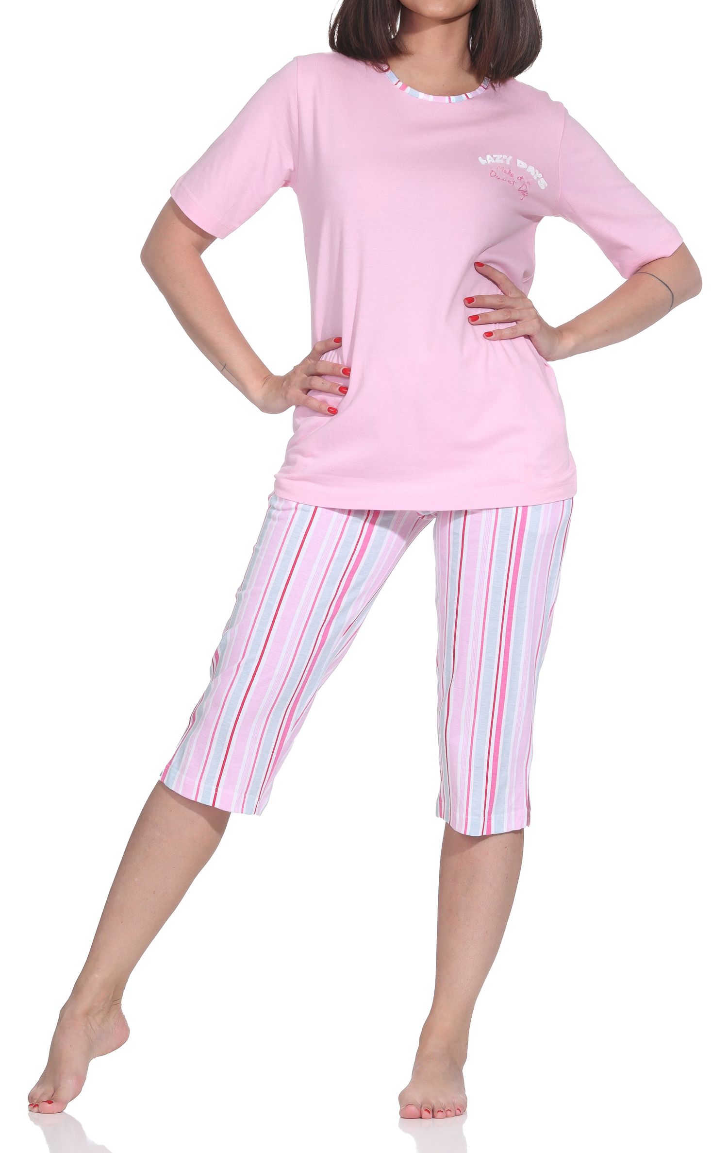 Normann Damen kurzarm Capri Pyjama Shorty – Edle Streifenoptik – auch in Übergrößen
