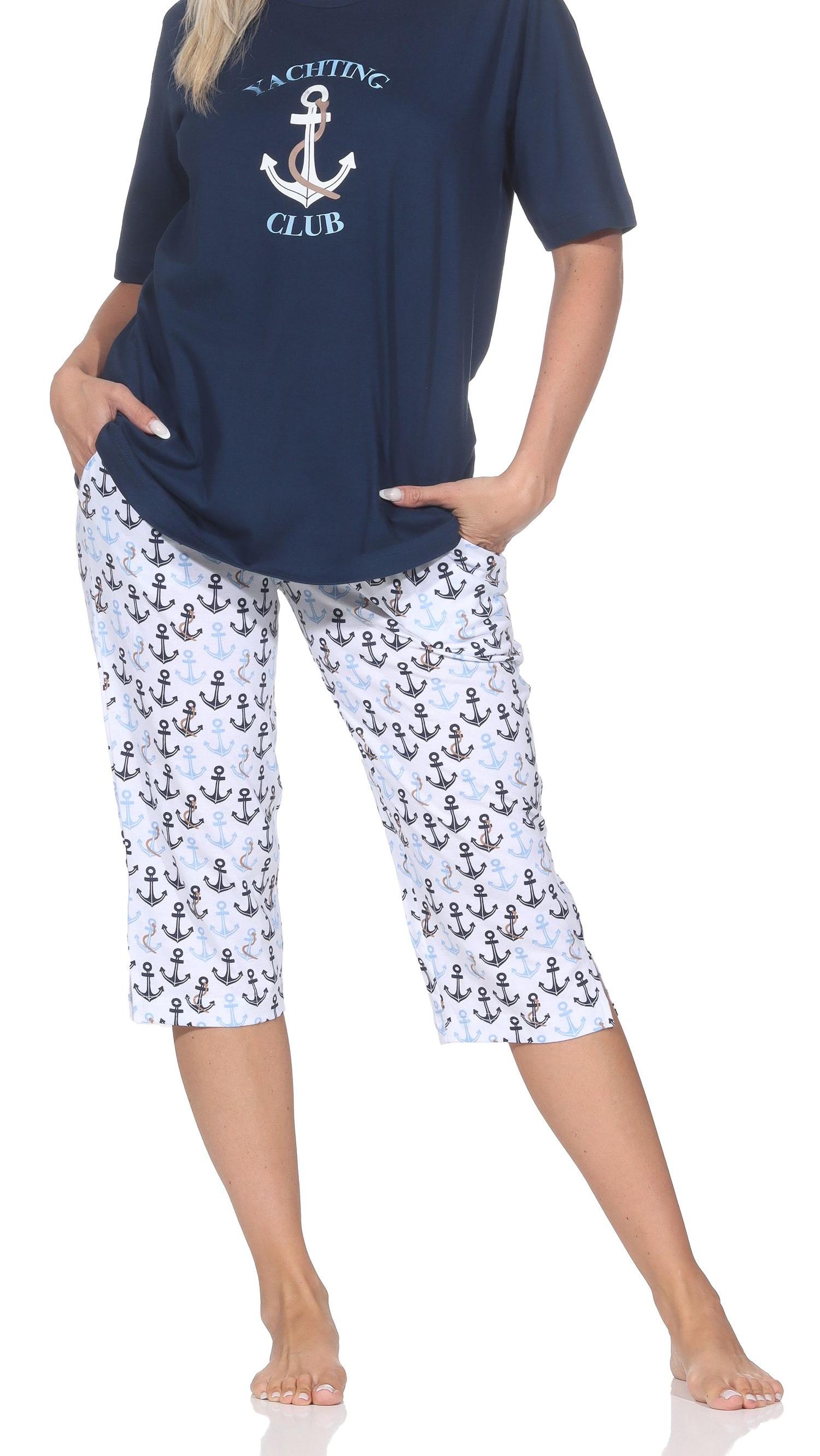 Normann Damen Capri-Pyjama kurzarm Shorty – Maritimer Look – auch in Übergrößen