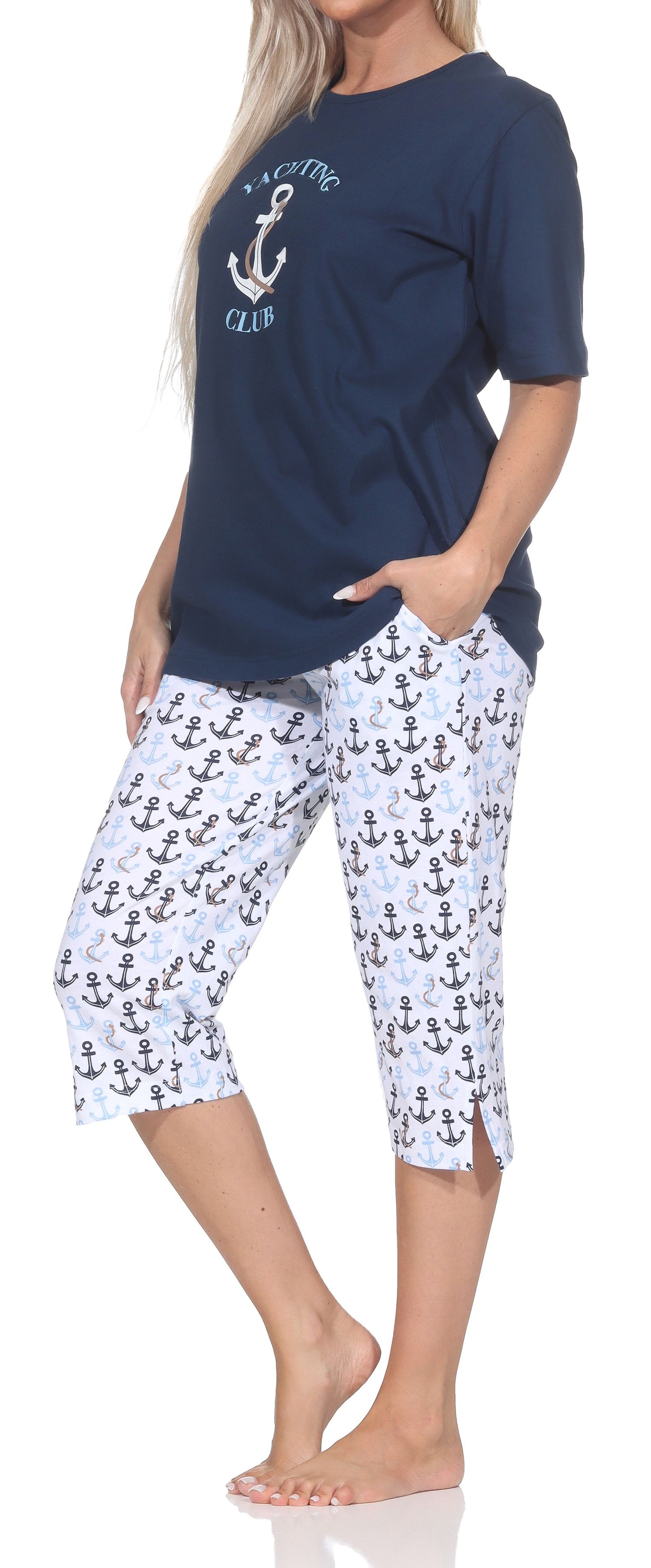 Normann Damen Capri-Pyjama kurzarm Shorty – Maritimer Look – auch in Übergrößen