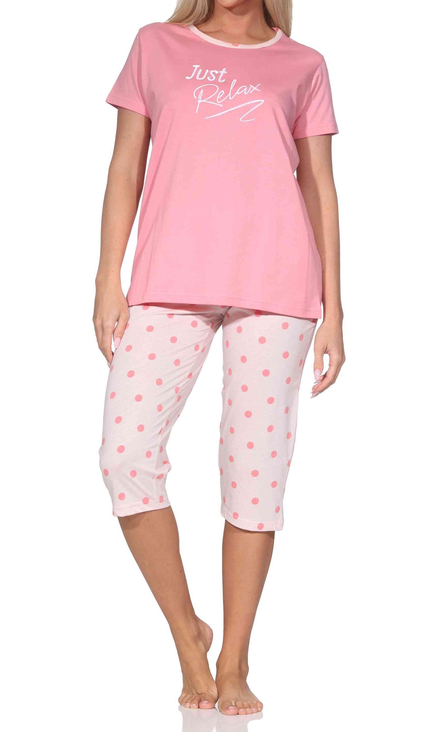 Normann Damen kurzarm Capri Schlafanzug Shorty Pyjama in Tupfen Punkte Optik