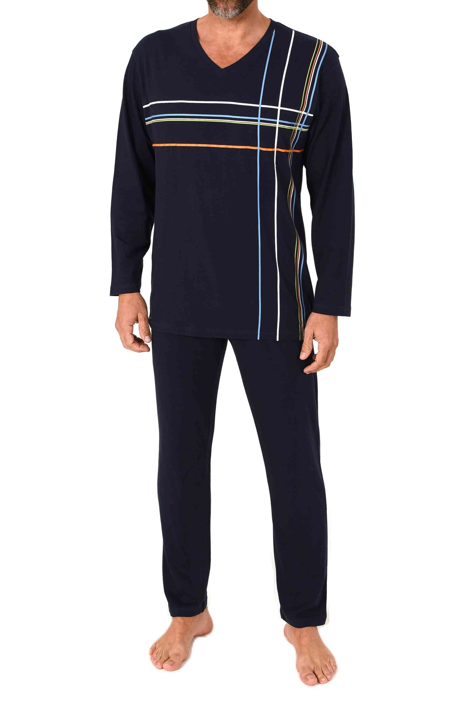 Normann Herren langarm Schlafanzug Pyjama mit Frontprint in klassisch eleganter Optik Normann Herren langarm Schlafanzug Pyjama mit Frontprint in klassisch eleganter Optik