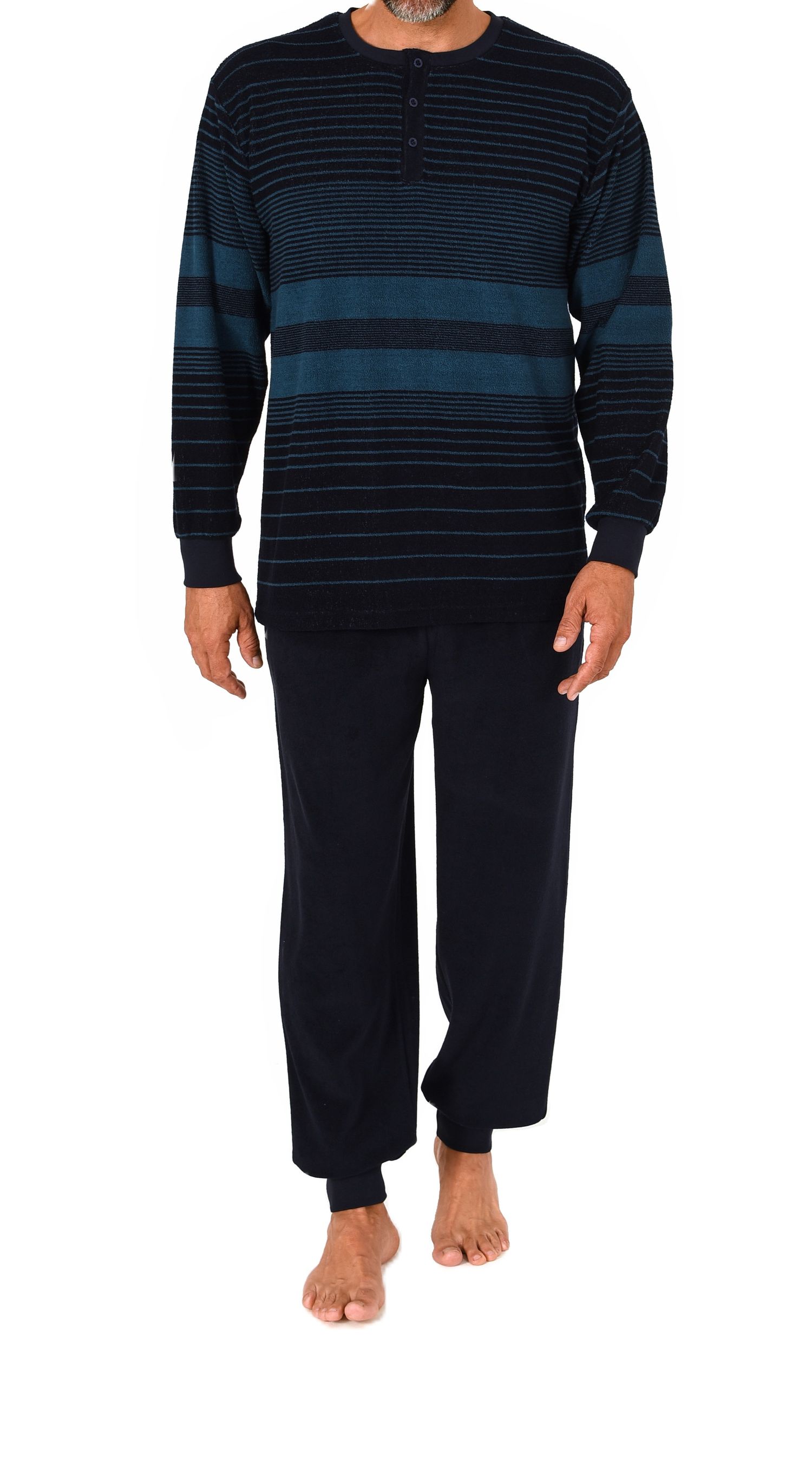 Normann Herren Frottee Pyjama mit Bündchen Streifen Look– auch in Übergröße