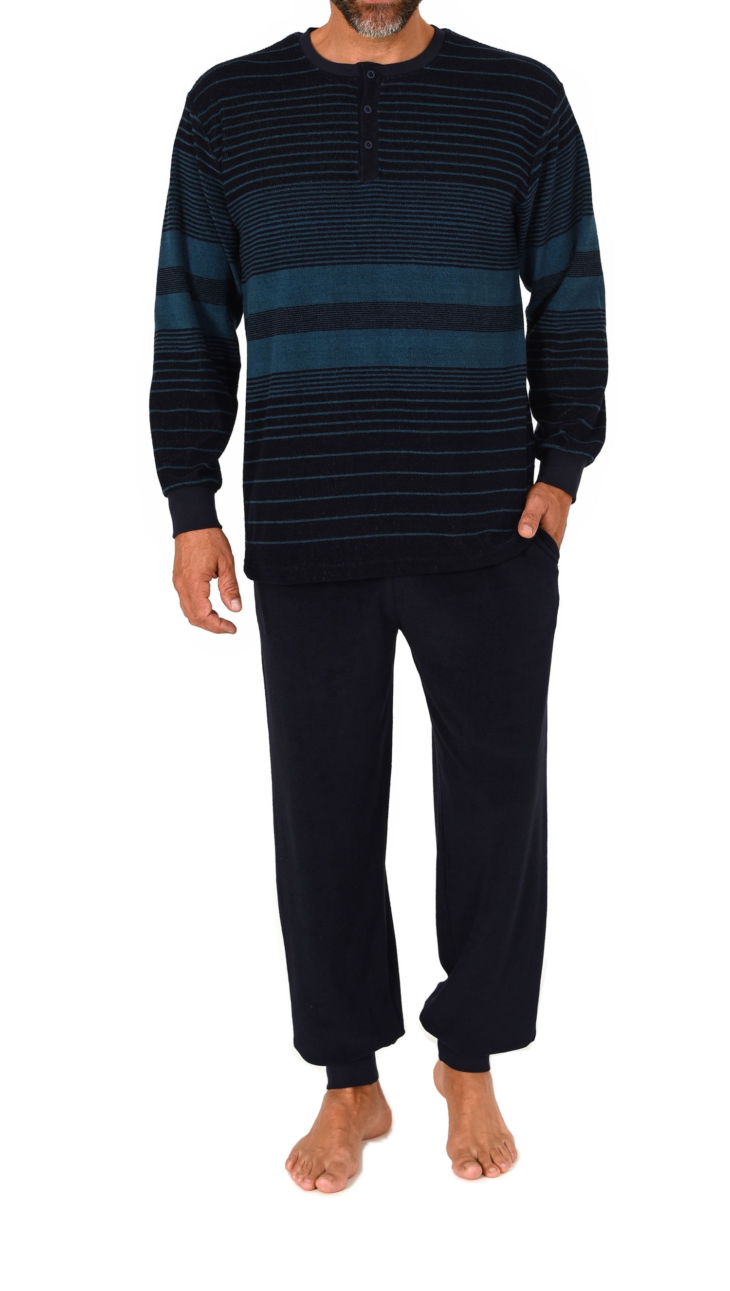 Normann Herren Frottee Pyjama mit Bündchen Streifen Look– auch in Übergröße