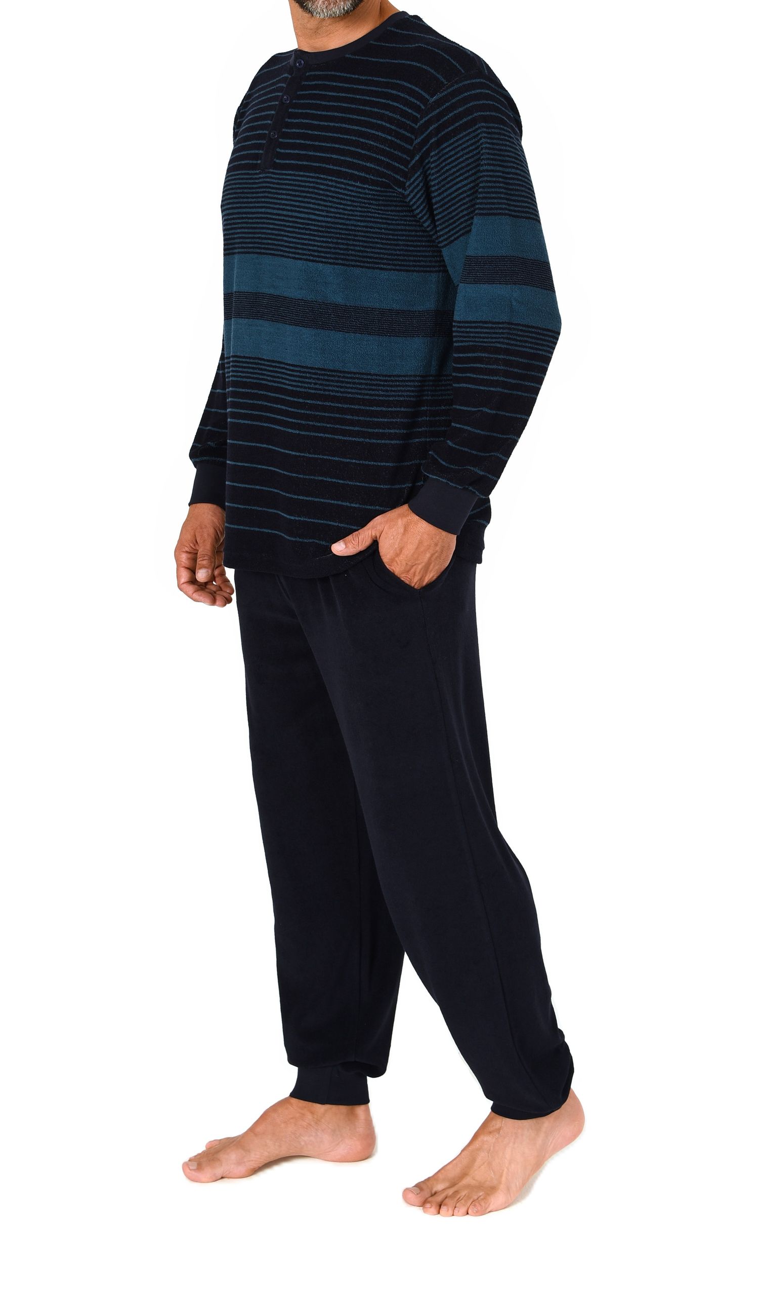 Normann Herren Frottee Pyjama mit Bündchen Streifen Look– auch in Übergröße