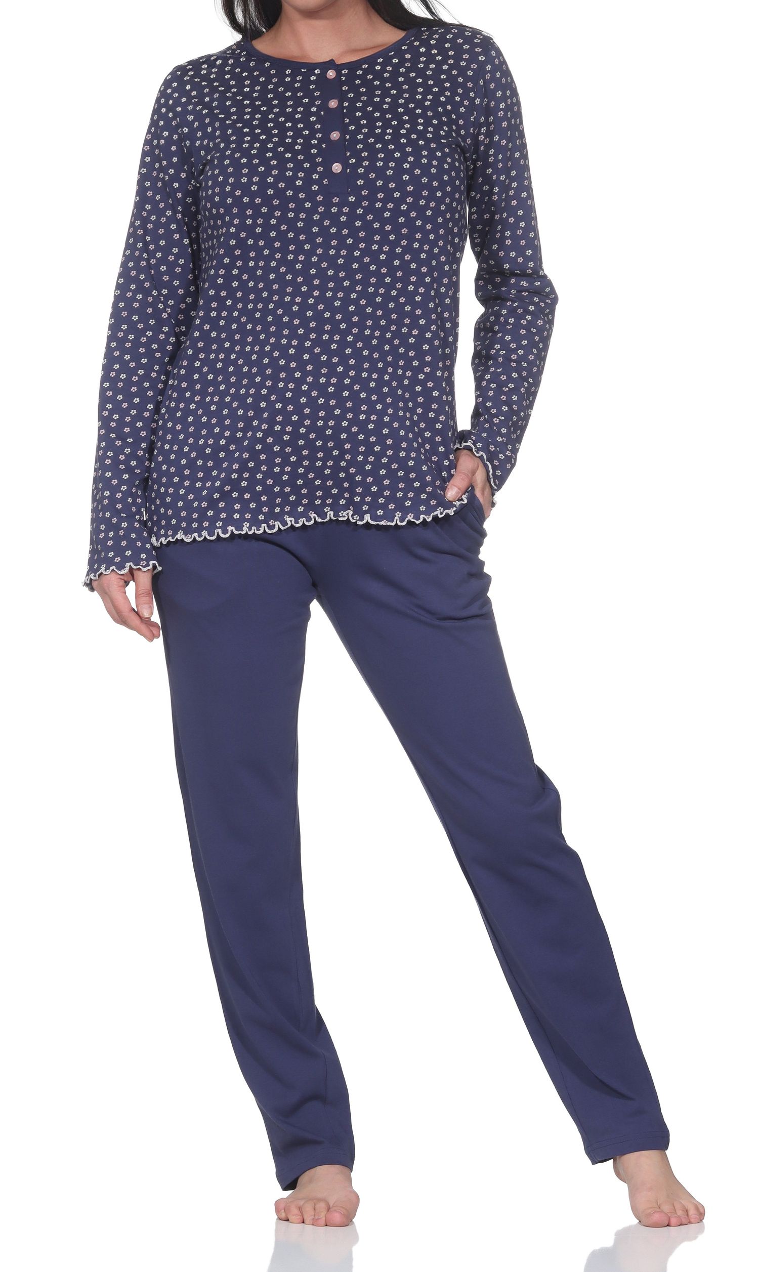 Normann Damen Pyjama lang mit Knopfleiste am Hals in eleganter Optik