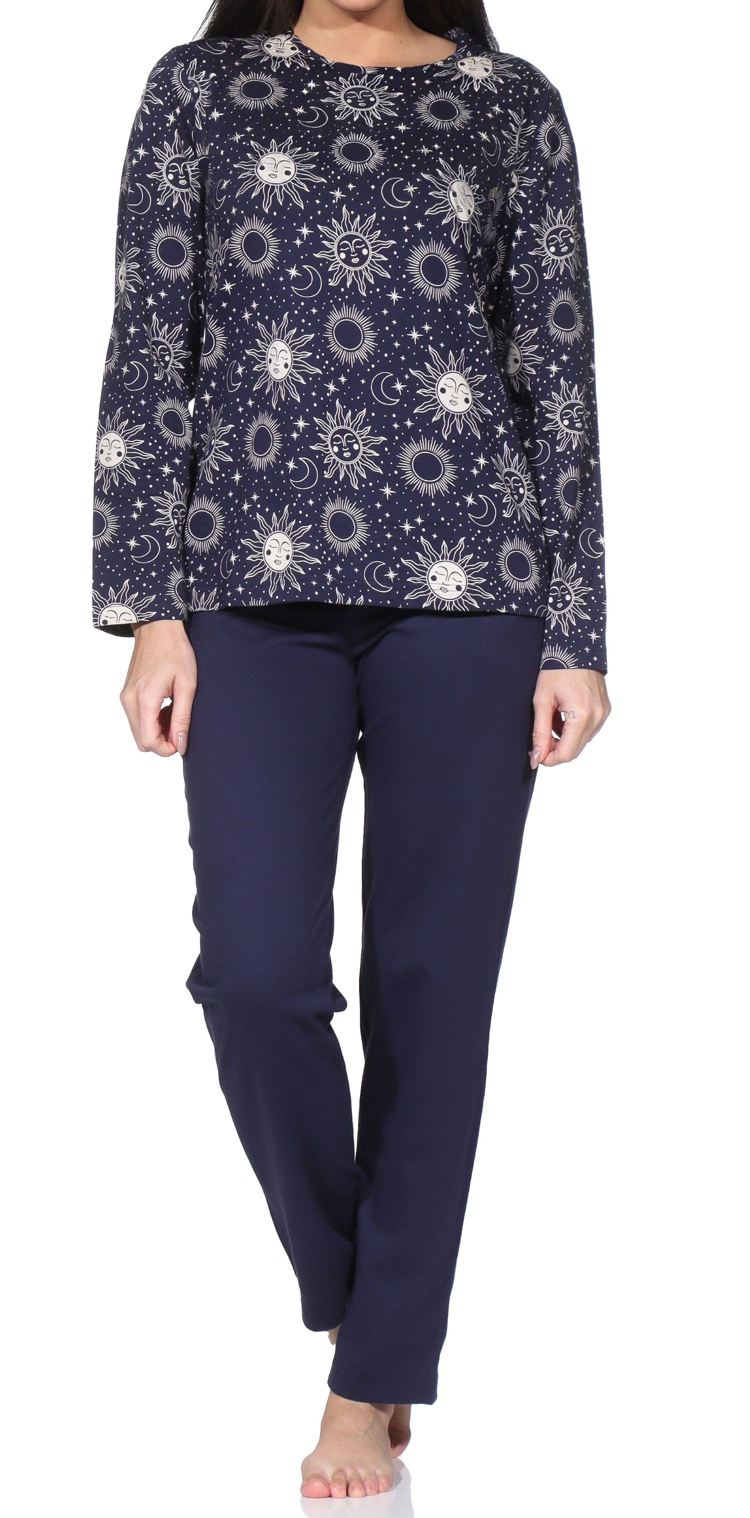 Normann Damen Pyjama lang in Sonne, Mond+Sterne Design - auch in Übergröße