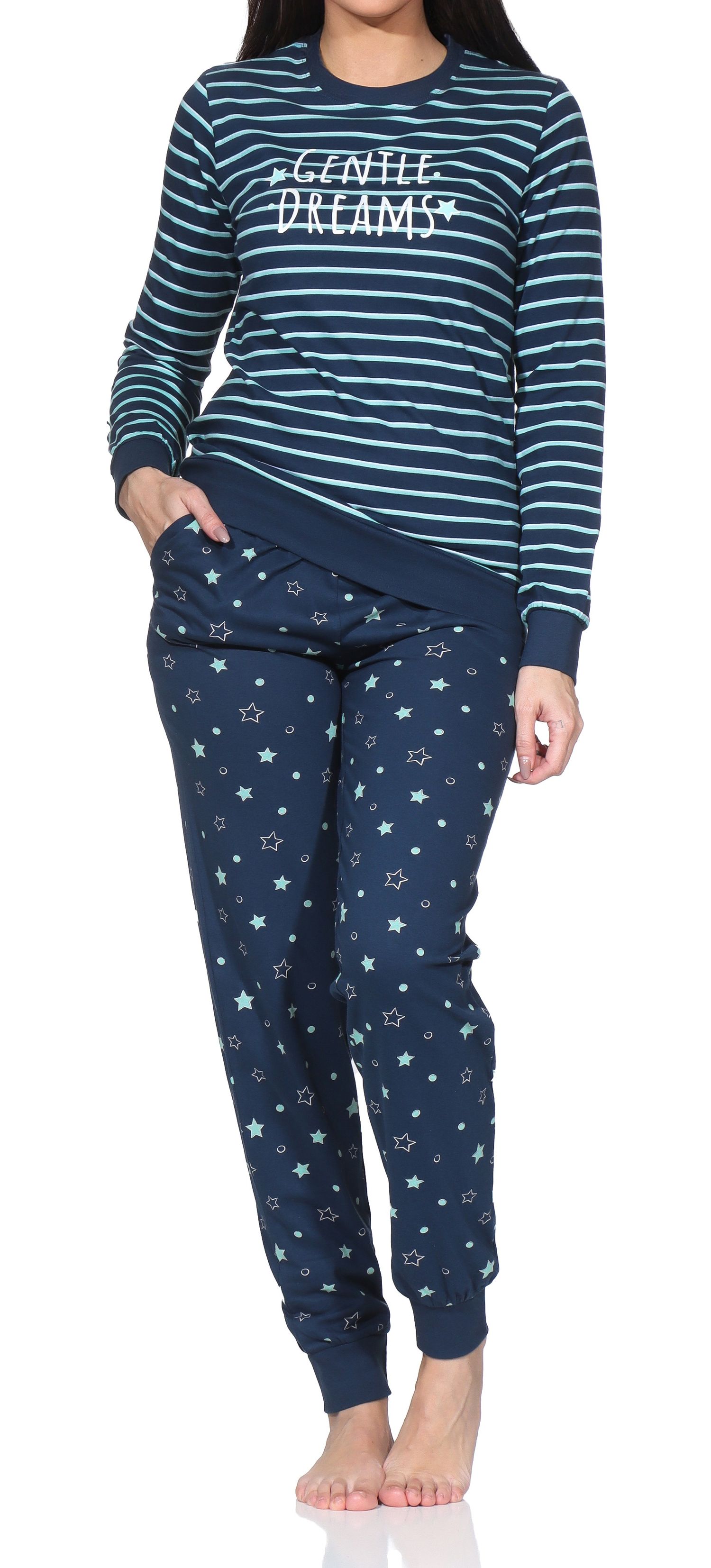 Normann Damen Pyjama lang mit Bündchen im Sterne Design– auch in Übergröße